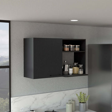 Stackable Wall Storage Cabinet 24" H, Two Internal Shelves, Two External Storage Shelves, One Door, Black Black Particle Board Particle Board