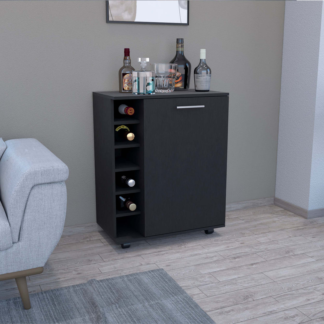 Bar Coffee Cart 32" H, Kitchen Or Living Room Cabinet Storage With 4 Wheels, With 6 Bottle Racks, A Central Shelf Covered By 1 Door, Ideal For Storing Glasses And Snacks, Black Black Particle Board Particle Board