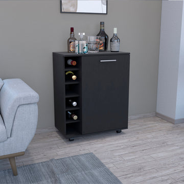 32" H Black Bar Coffee Cart, Kitchen Or Living Room Cabinet Storage With 4 Wheels, With 6 Bottle Racks, A Central Shelf Covered By 1 Door, Ideal For Storing Glasses And Snacks Black Particle Board