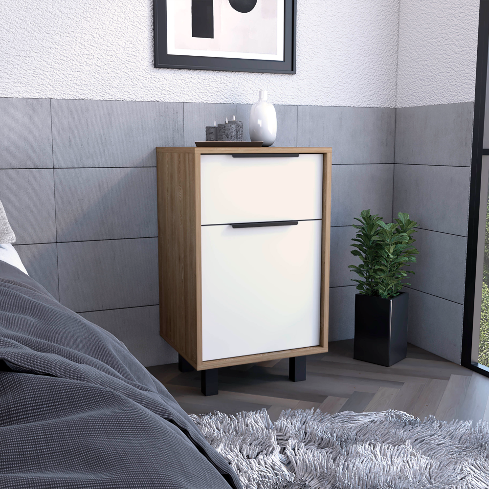 Nightstand 27" H, One Drawer, Storage With Door, Four Legs, White Pine Multicolor Particle Board Particle Board