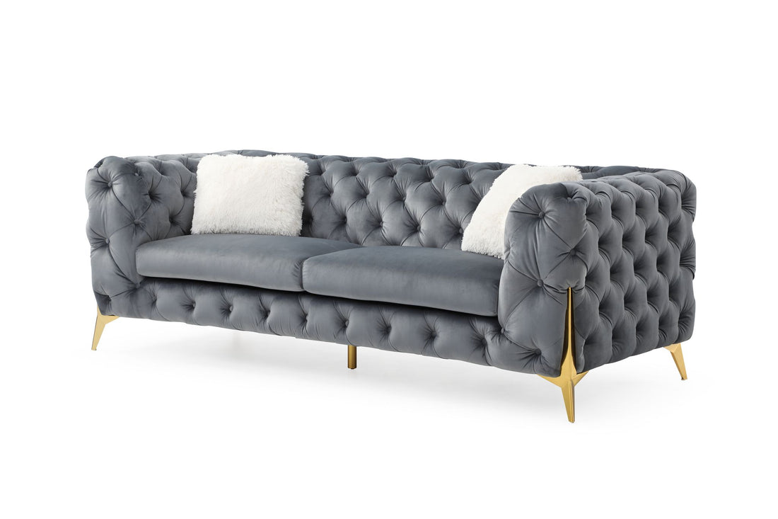 Moderno Tufted Sofa Finished In Velvet Fabric In Gray Gray Velvet Wood Primary Living Space Soft Modern Solid Wood Mdf Wood