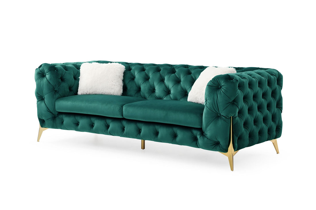 Moderno Tufted Sofa Finished In Velvet Fabric In Green Green Wood Primary Living Space Modern Solid Wood Mdf Wood