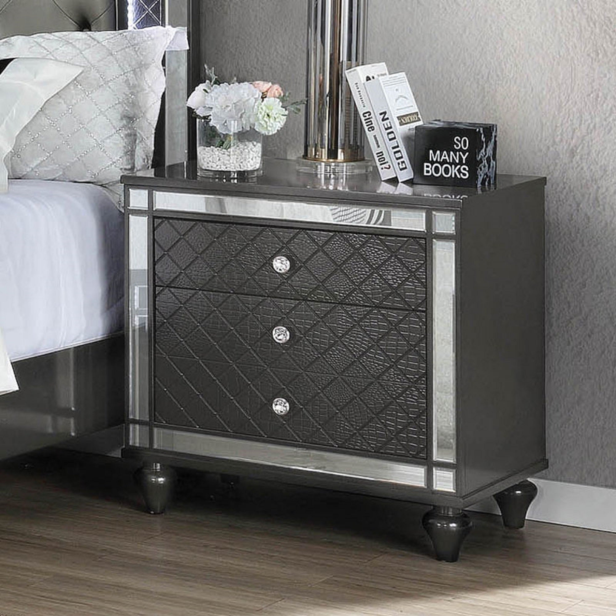 1Pc Glam Contemporary Style 3 Drawer Nightstand End Table With Mirror Plating Tapered Legs Gray Finish Bedroom Solid Wood Wooden Furniture Gray 3 Drawers Bedside Cabinet Solid Wood