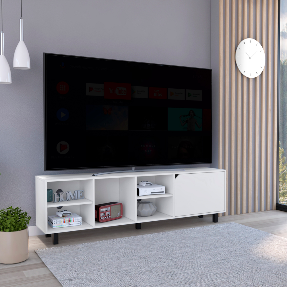 Conquest Tv Stand For Tv S Up 70", Four Open Shelves, Five Legs, White White 70 Inches 70 79 Inches Particle Board Particle Board