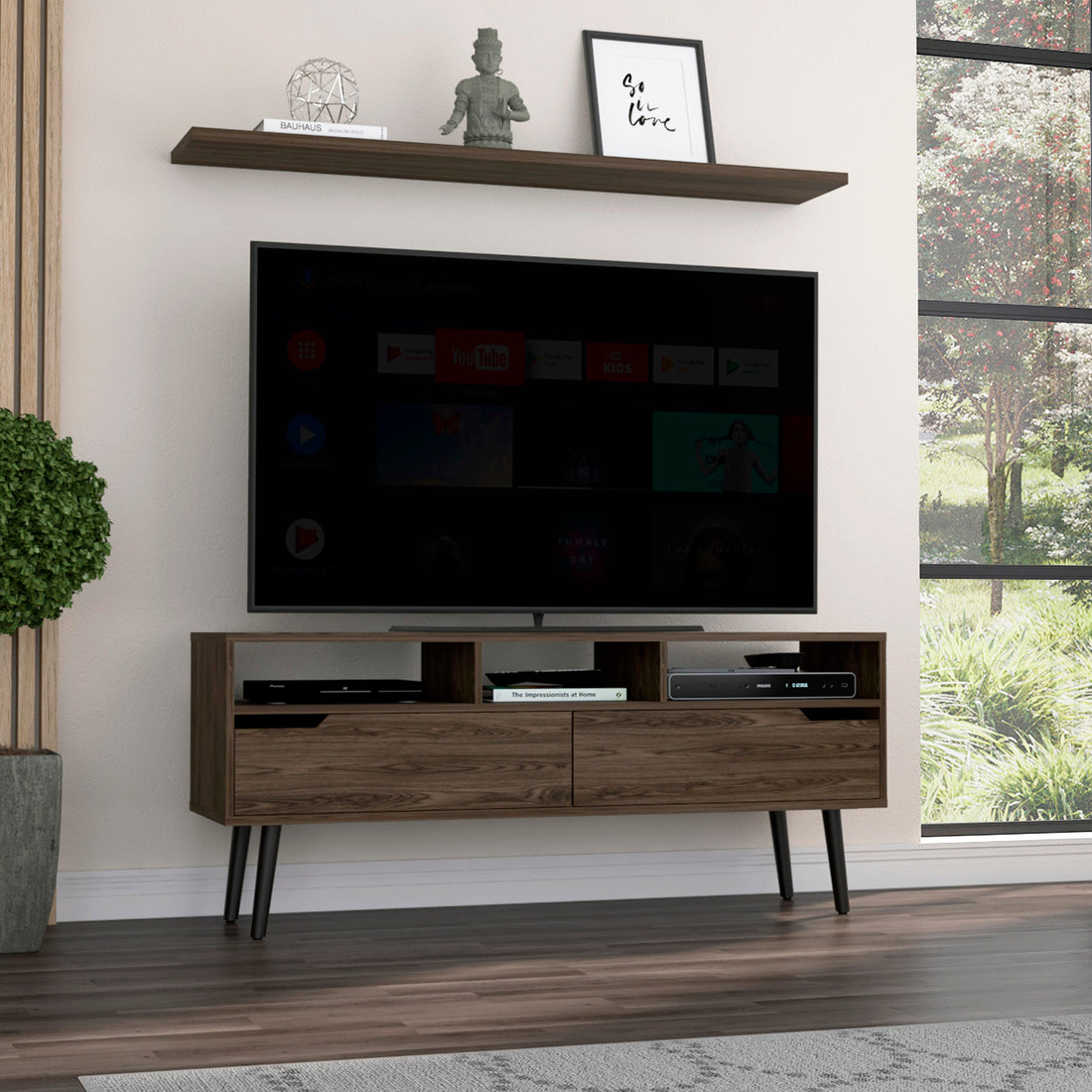 Oslo Tv Stand For Tv S Up 51", Two Drawers, Three Open Shelves Dark Walnut Brown 50 59 Inches Particle Board Particle Board