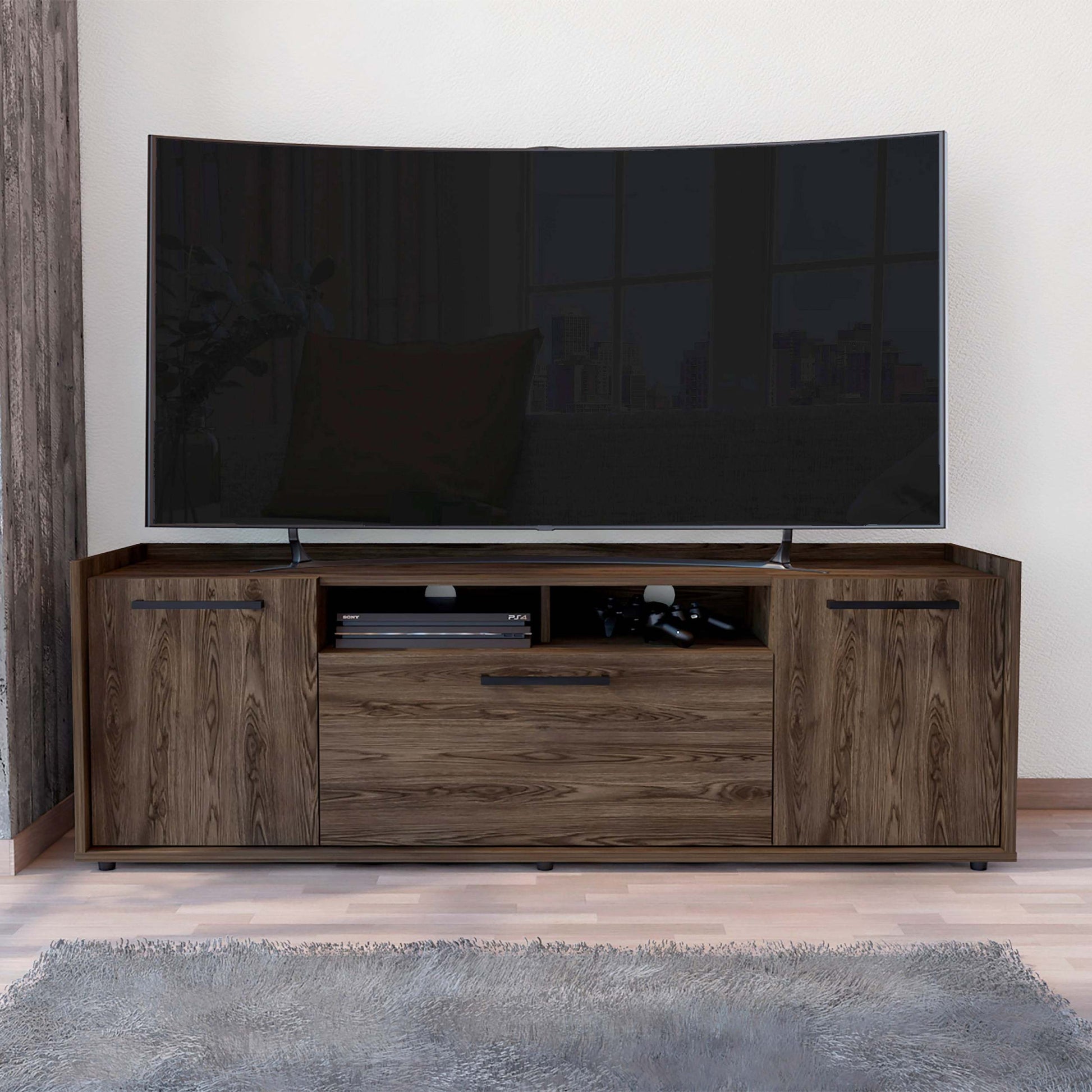 Hollywood Tv Stand For Tv S Up 60", Double Door Cabinets, One Flexible Cabinet, Dark Walnut Brown 60 69 Inches Particle Board Particle Board