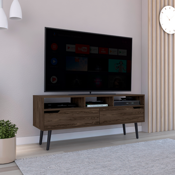 Tv Stand For Tv S Up 52", Three Open Shelves, Two Flexible Drawers, Dark Walnut Brown 50 59 Inches Particle Board Particle Board