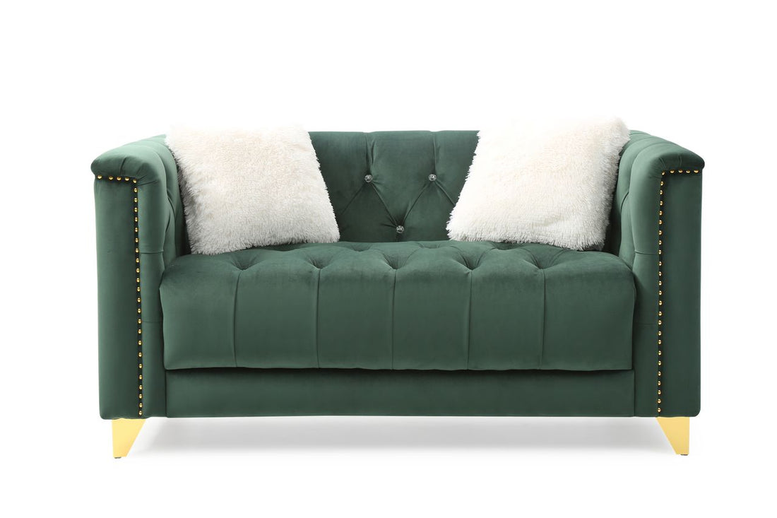 Tufted Upholstery Loveseat Finished In Velvet Fabric In Green Green Velvet Wood Primary Living Space Soft Cushion Back Modern Foam Wood