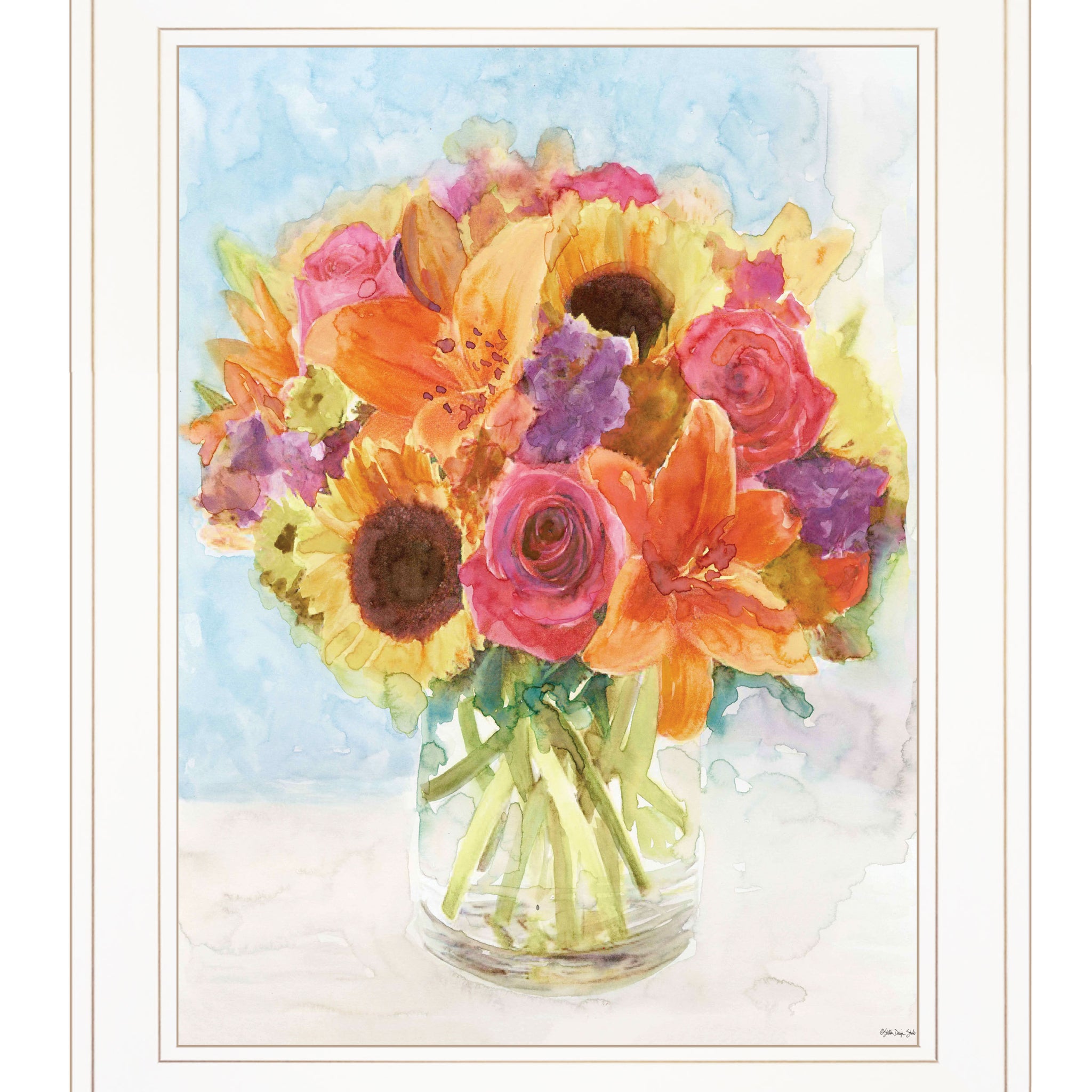 "Vases With Flowers 1" By Stellar Design Studio, Ready To Hang Framed Print, White Frame Multicolor Paper