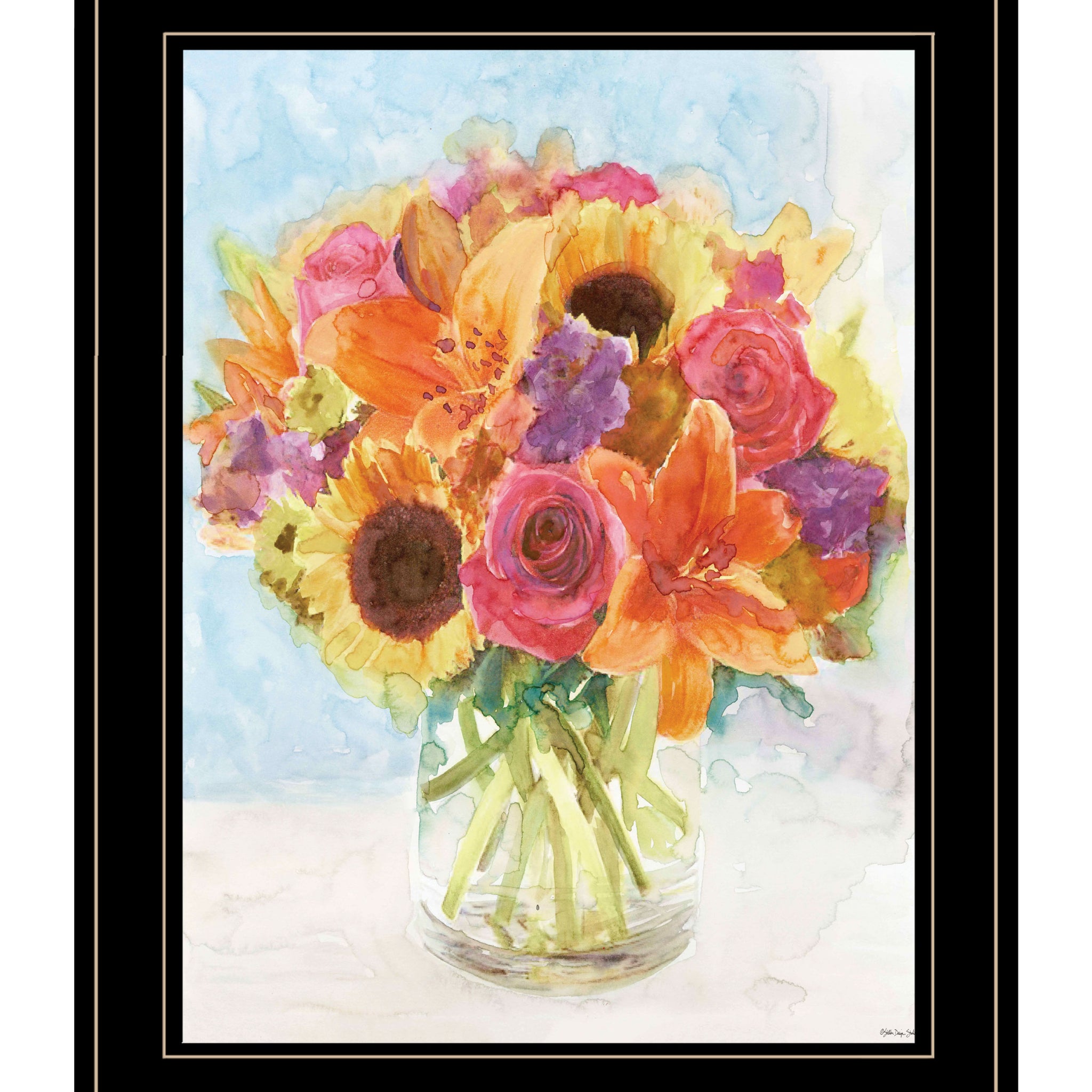 "Vases With Flowers 1" By Stellar Design Studio, Ready To Hang Framed Print, Black Frame Multicolor Paper