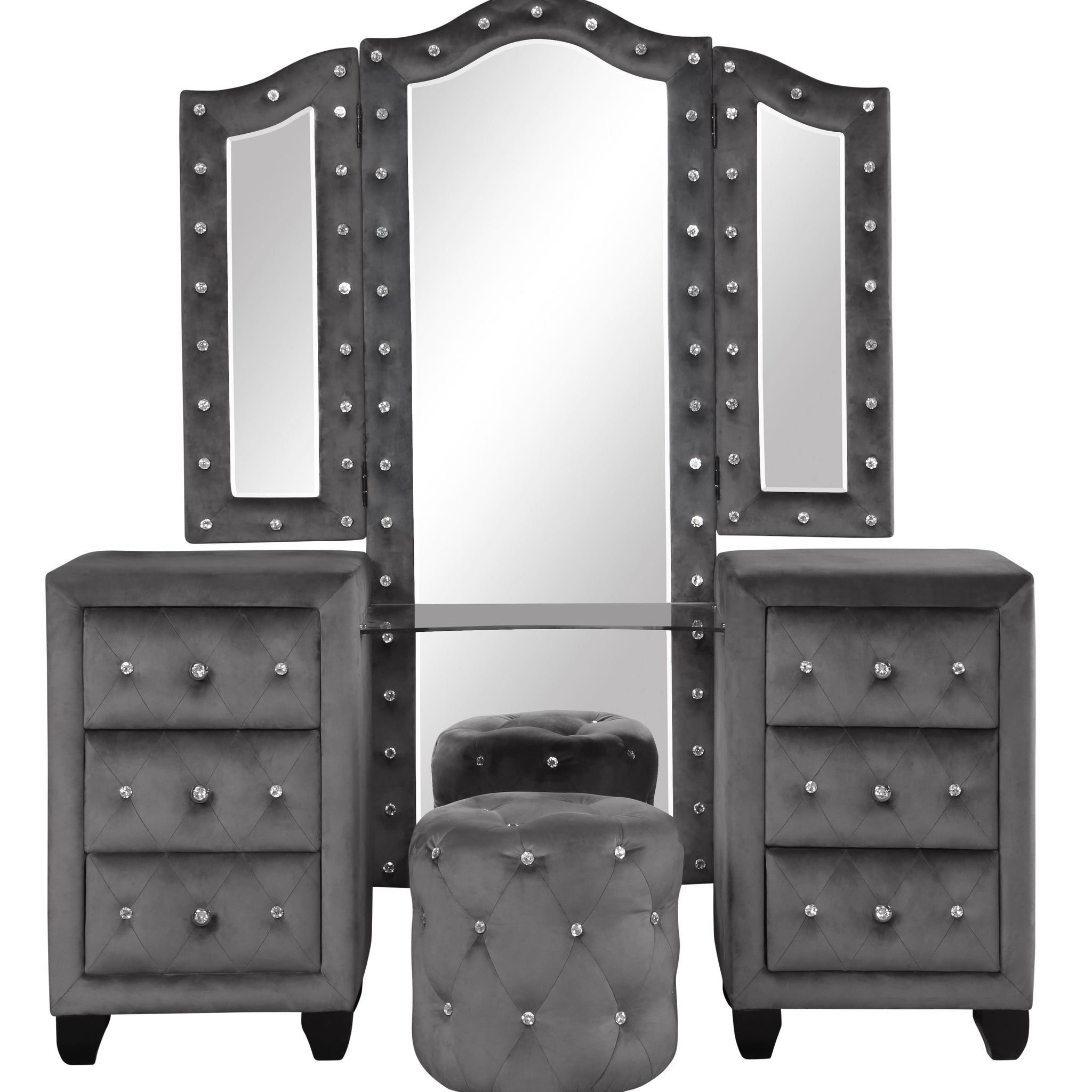 Sophia Modern Style Crystal Tufted Upholstery 6 Drawer Vanity Set With Stool, Finished With Velvet Fabric Made With Wood In Gray Gray 5 Drawers & Above Ball Bearing Glides Bedroom Contemporary,Modern Upholstered Wood