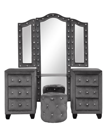 Sophia Modern Style Crystal Tufted Upholstery 6 Drawer Vanity Set With Stool, Finished With Velvet Fabric Made With Wood In Gray Gray 5 Drawers & Above Ball Bearing Glides Bedroom Contemporary,Modern Upholstered Wood