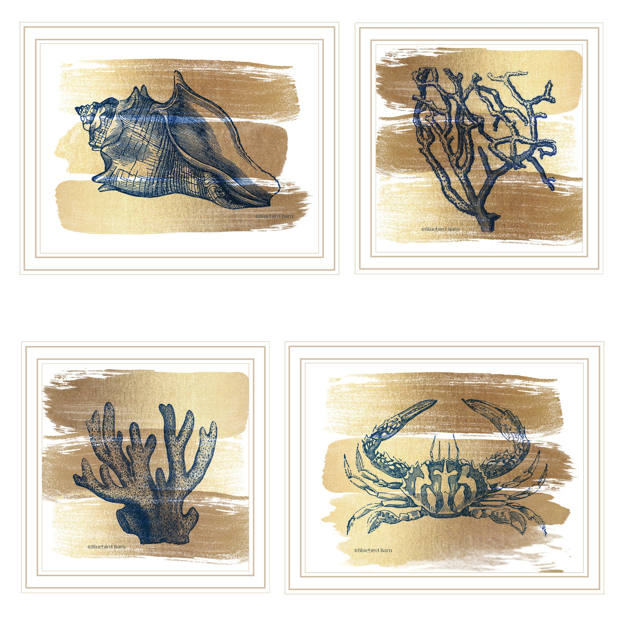 "Gold Sea Collection" 3 Piece Vignette By Bluebird Barn, Ready To Hang Framed Print, White Frame Multicolor Paper