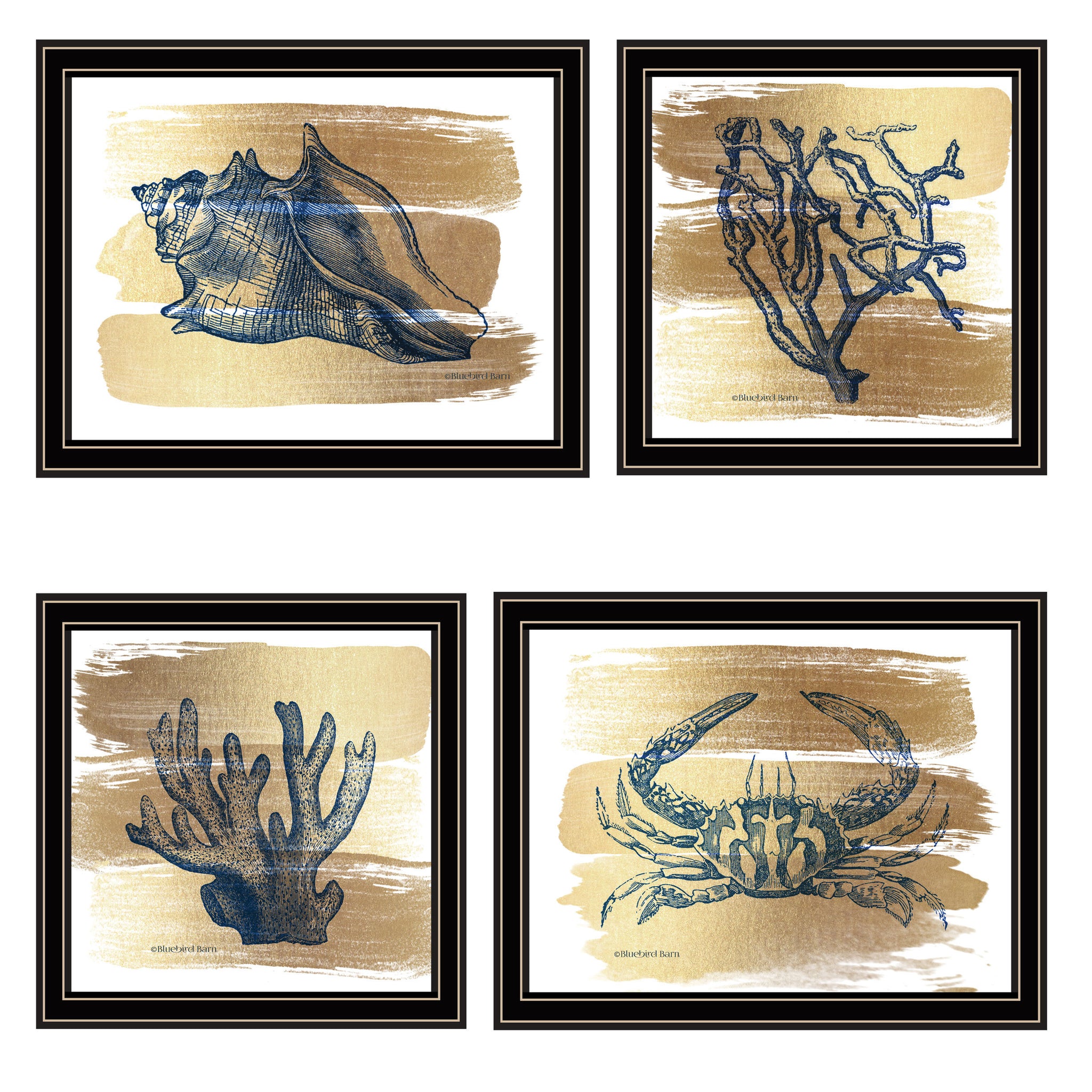 "Gold Sea Collection" 3 Piece Vignette By Bluebird Barn, Ready To Hang Framed Print, Black Frame Multicolor Paper