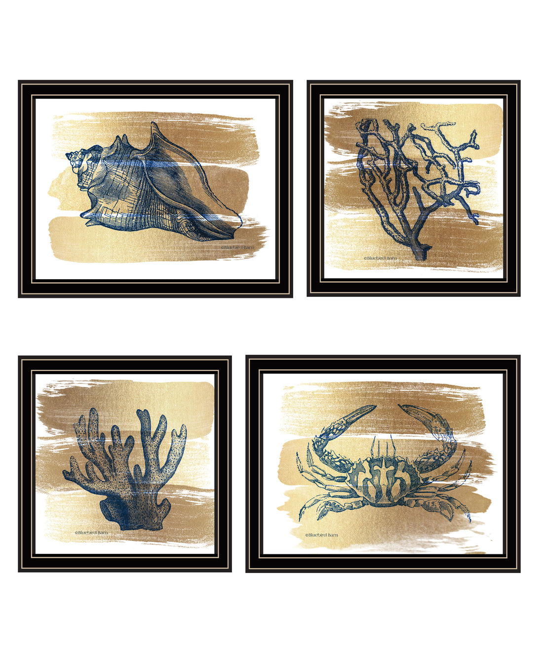 "Gold Sea Collection" 3 Piece Vignette By Bluebird Barn, Ready To Hang Framed Print, Black Frame Multicolor Paper