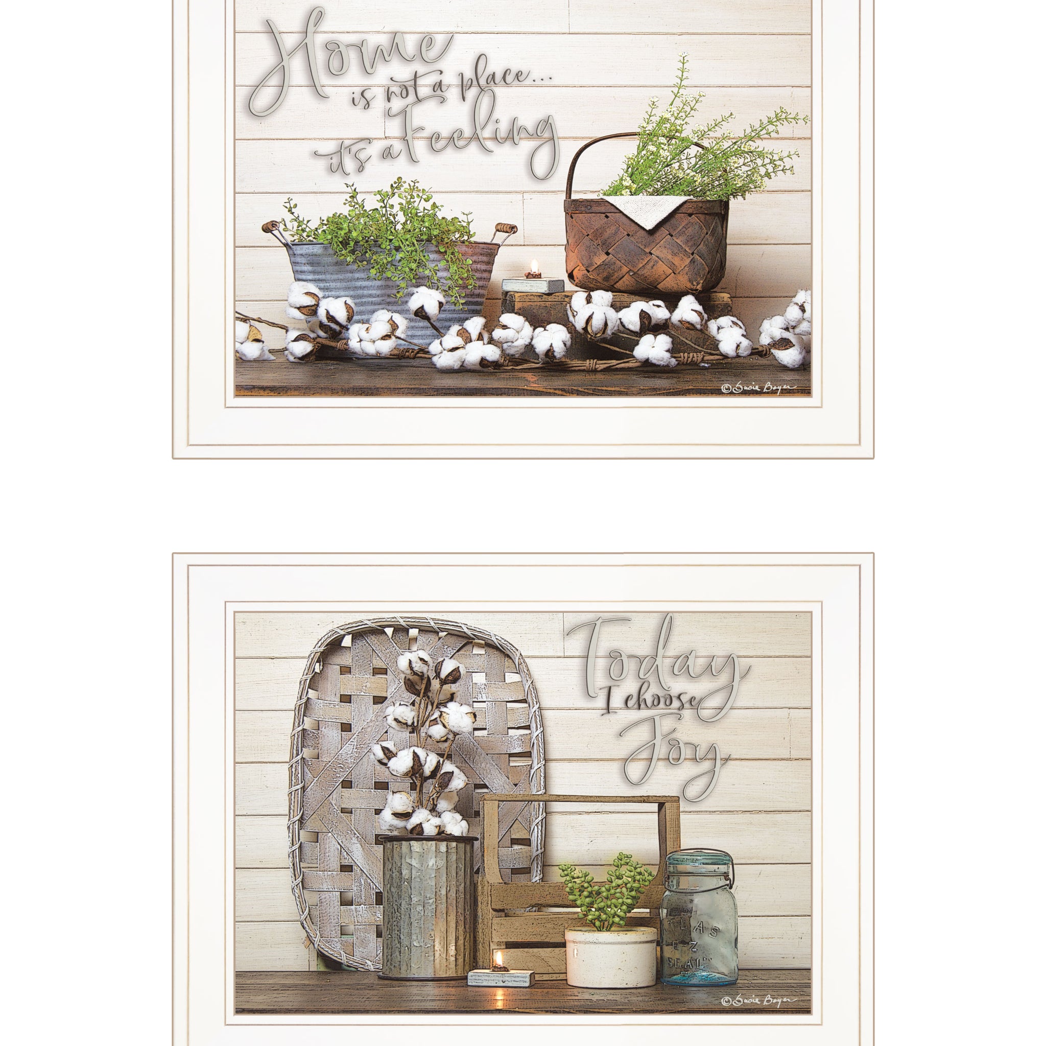 "Choose Joy" 2 Piece Vignette By Susan Boyer, Ready To Hang Framed Print, White Frame Multicolor Paper