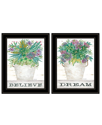 "Succulents Dream & Believe" 2 Piece Vignette By Cindy Jacobs, Ready To Hang Framed Print, Black Frame Multicolor Paper