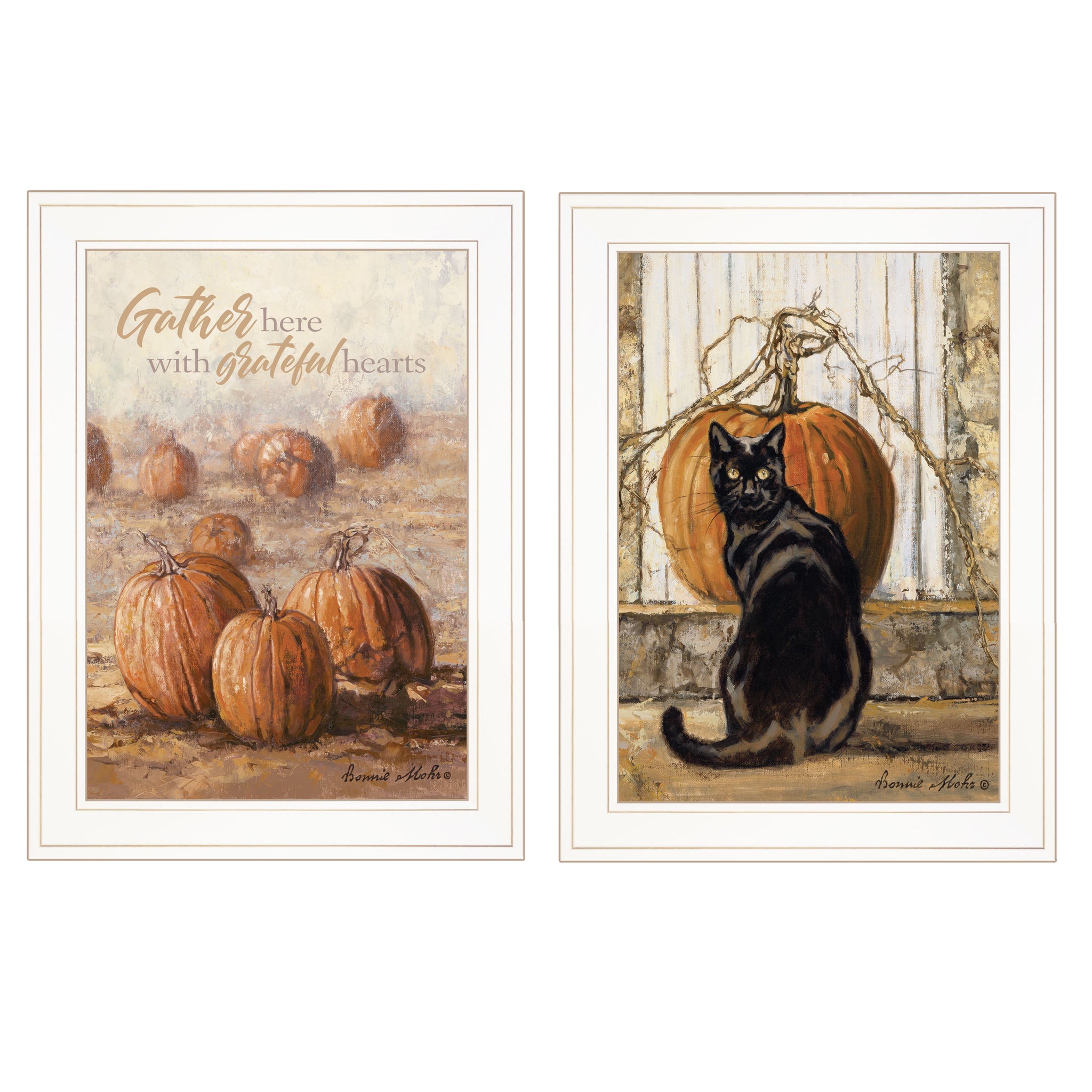 "Pumpkins With A Black Cat" 2 Piece Vignette By Bonnie Mohr, Ready To Hang Framed Print, White Frame Multicolor Paper