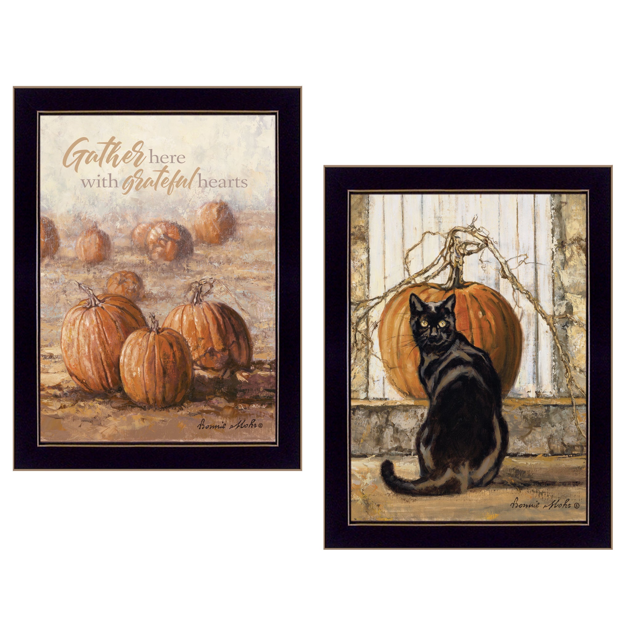 "Pumpkins With A Black Cat" 2 Piece Vignette By Bonnie Mohr, Ready To Hang Framed Print, Black Frame Multicolor Paper