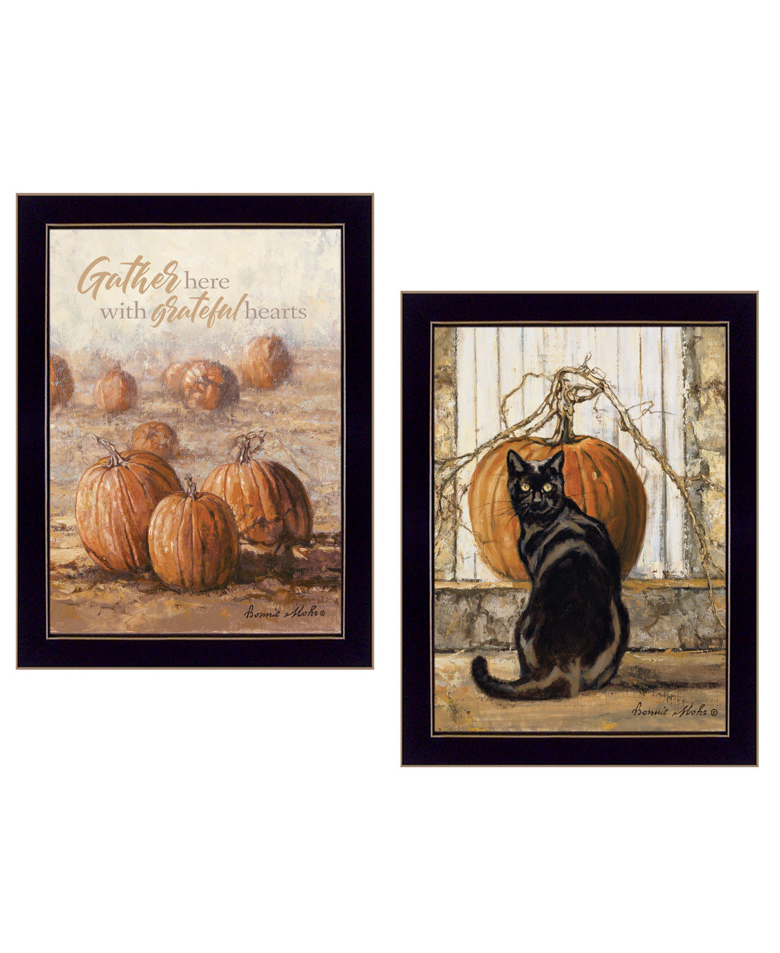 "Pumpkins With A Black Cat" 2 Piece Vignette By Bonnie Mohr, Ready To Hang Framed Print, Black Frame Multicolor Paper