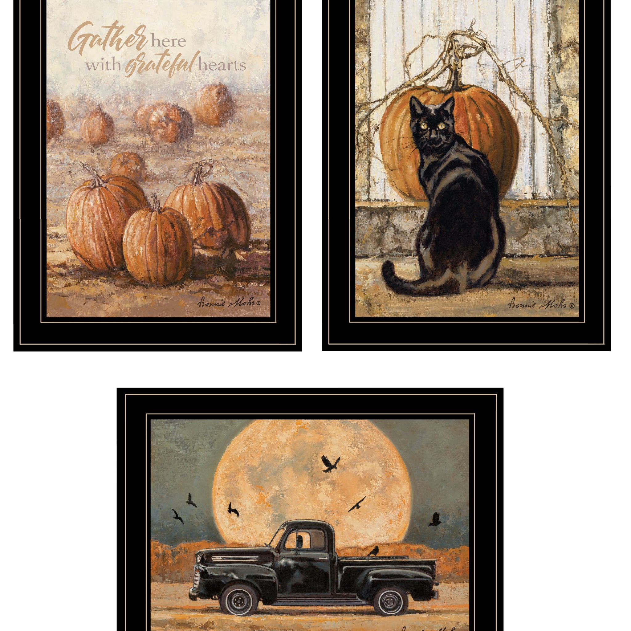 "Harvest Moon Iii" 3 Piece Vignette By Bonnie Mohr, Ready To Hang Framed Print, Black Frame Multicolor Paper