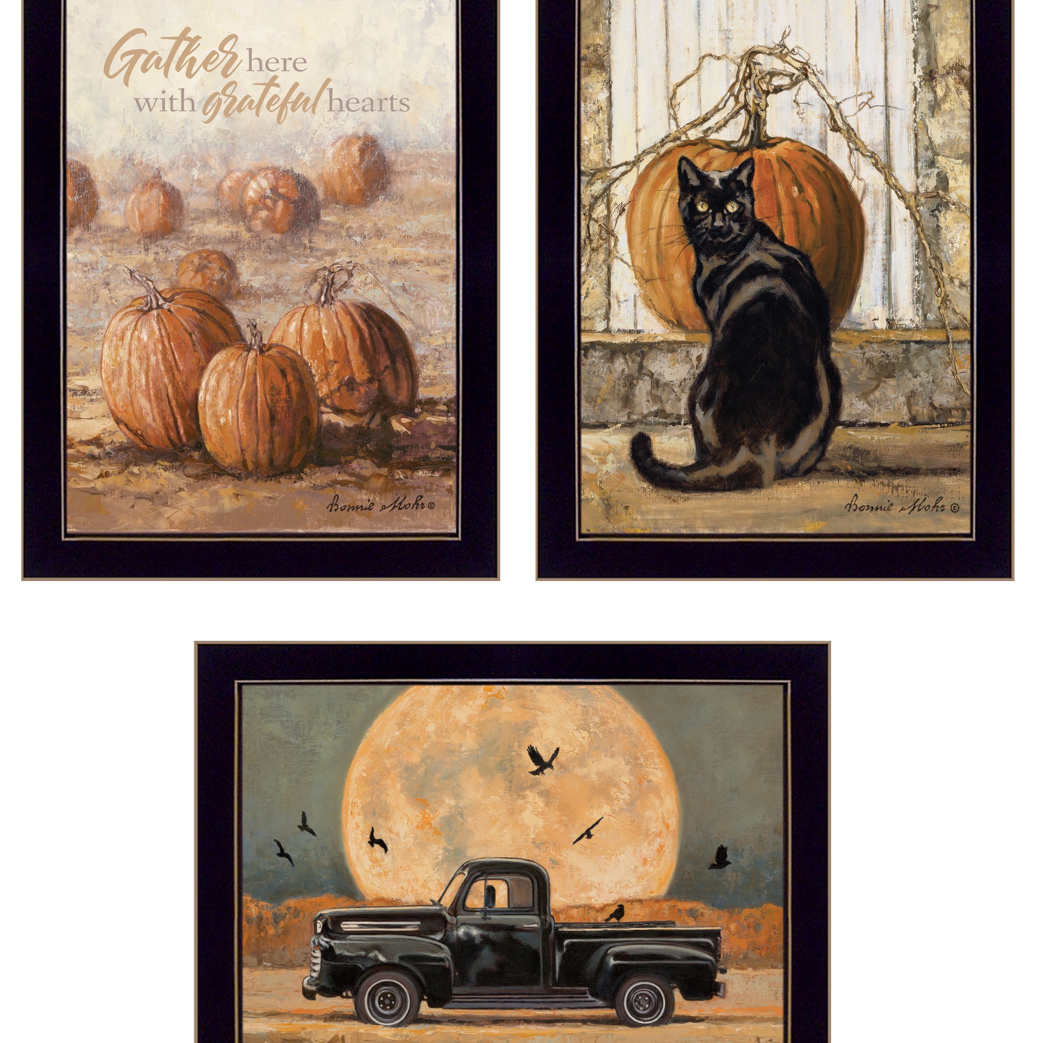 "Harvest Moon Iii" 3 Piece Vignette By Bonnie Mohr, Ready To Hang Framed Print, Black Frame Multicolor Paper