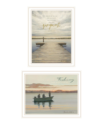 "Lake Side Reprieve" 2 Piece Vignette By Bonnie Mohr, Ready To Hang Framed Print, White Frame Multicolor Paper