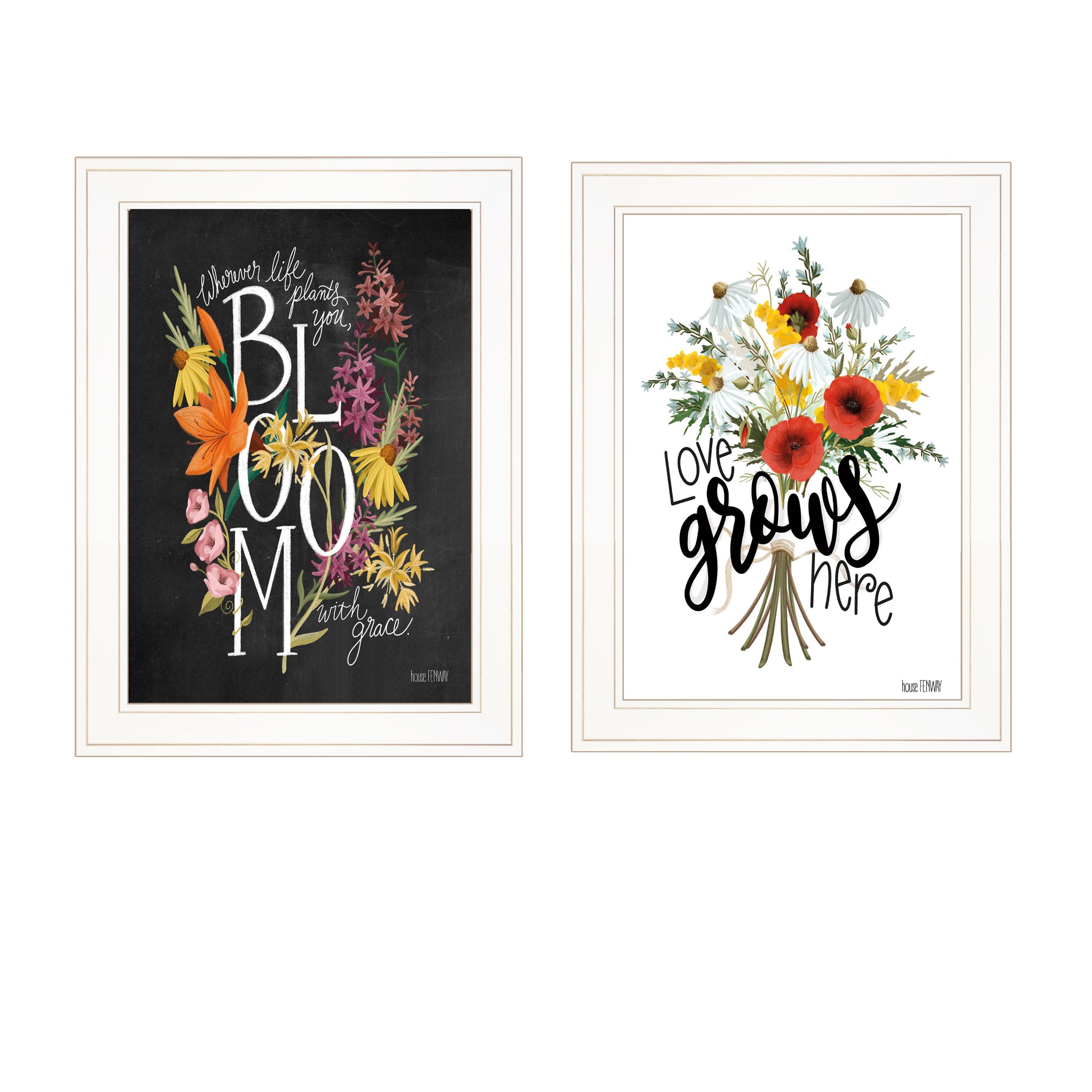 "Love & Bloom" 2 Piece Vignette By House Fenway, Ready To Hang Framed Print, White Frame Multicolor Paper