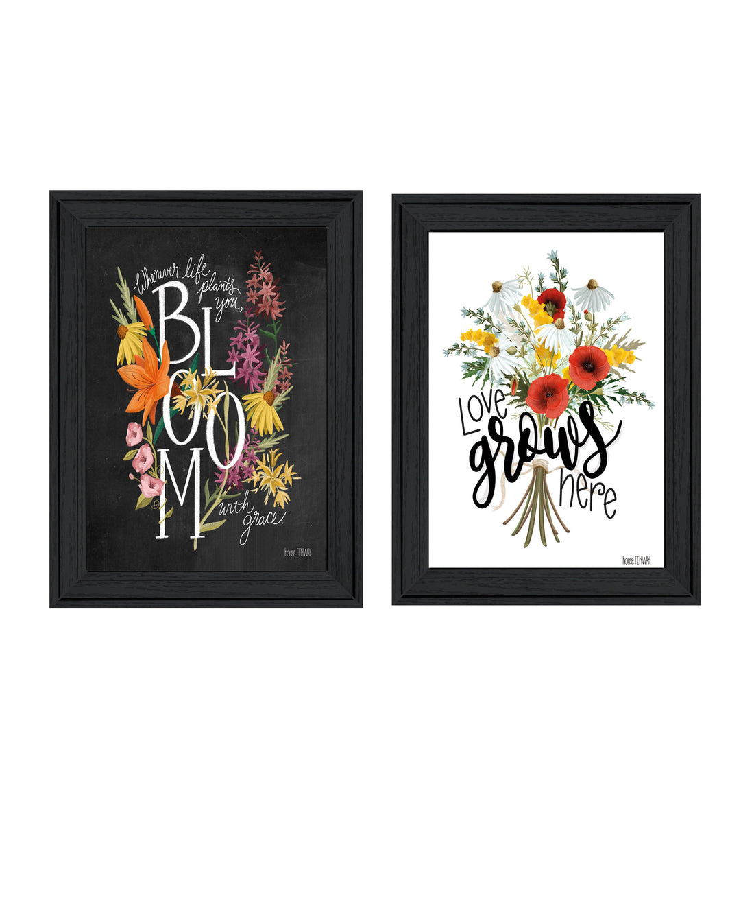 "Love & Bloom" 2 Piece Vignette By House Fenway, Ready To Hang Framed Print, Black Frame Multicolor Paper