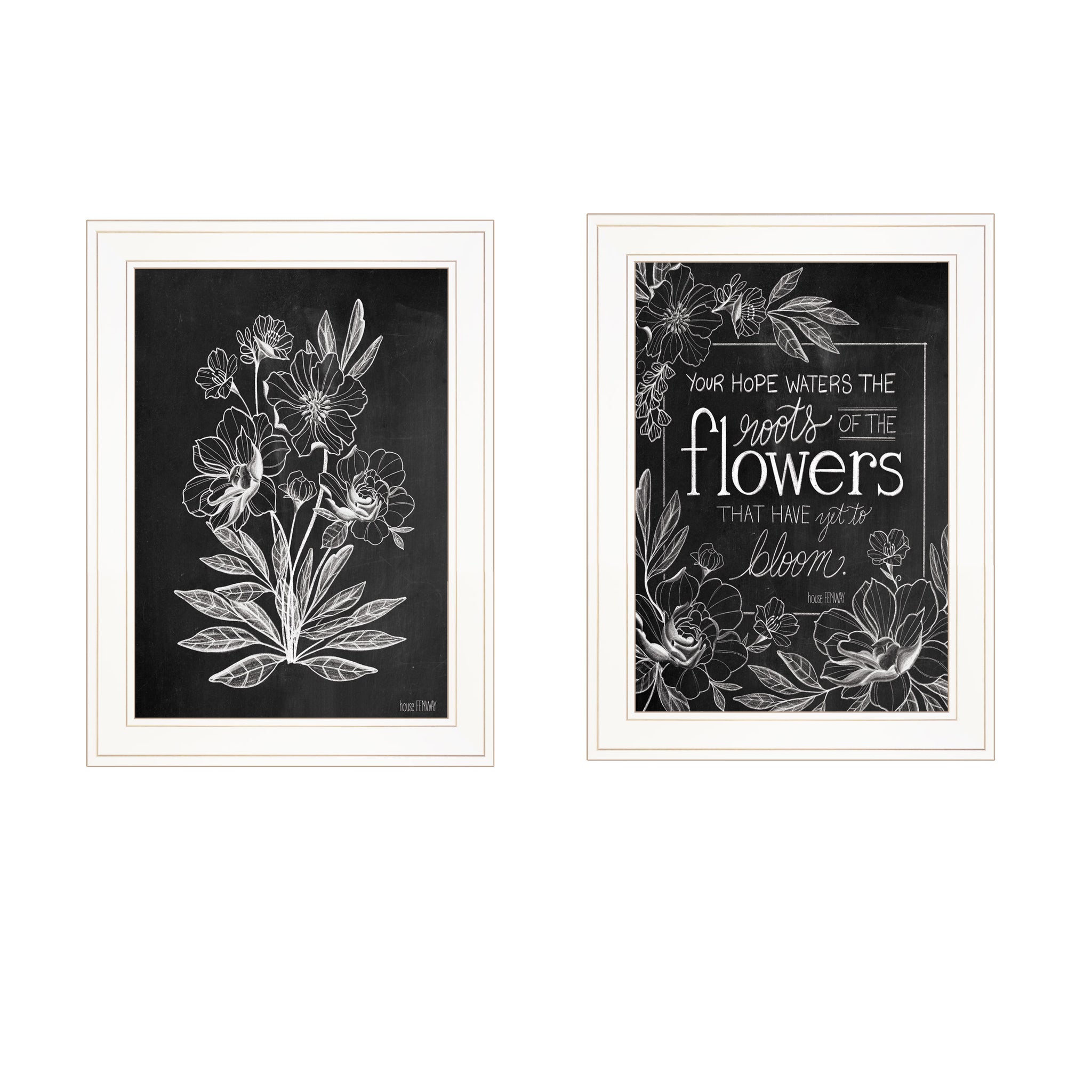 "Vintage Flowers In Bloom" 2 Piece Vignette By House Fenwayready To Hang Framed Print, White Frame Multicolor Paper