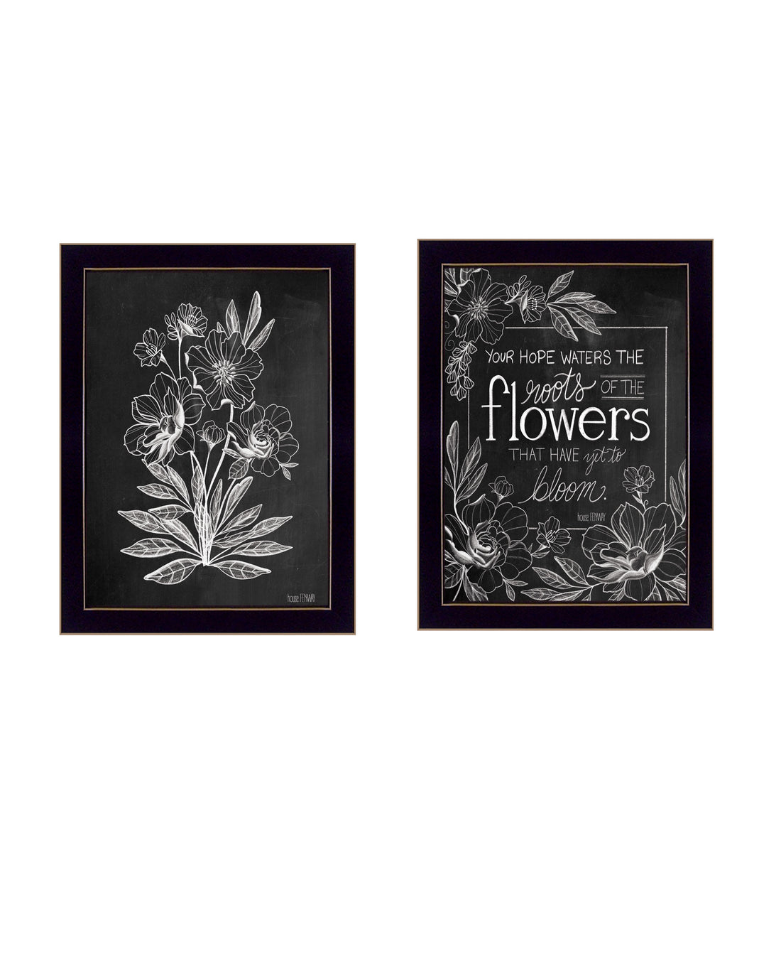 "Vintage Flowers In Bloom" 2 Piece Vignette By House Fenwayready To Hang Framed Print, Black Frame Multicolor Paper