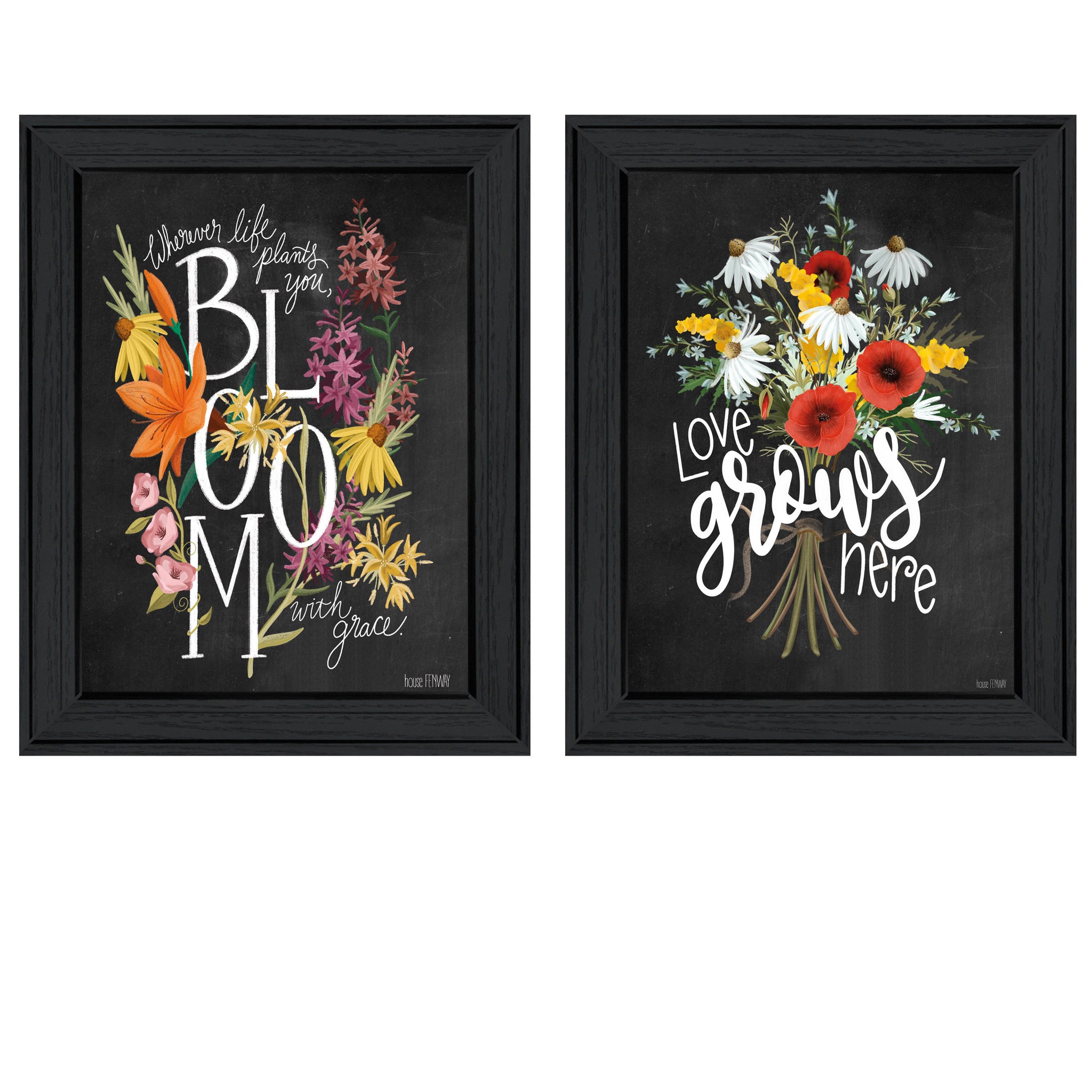 "Love Grows Here" 2 Piece Vignette By House Fenway, Ready To Hang Framed Print, Black Frame Multicolor Paper