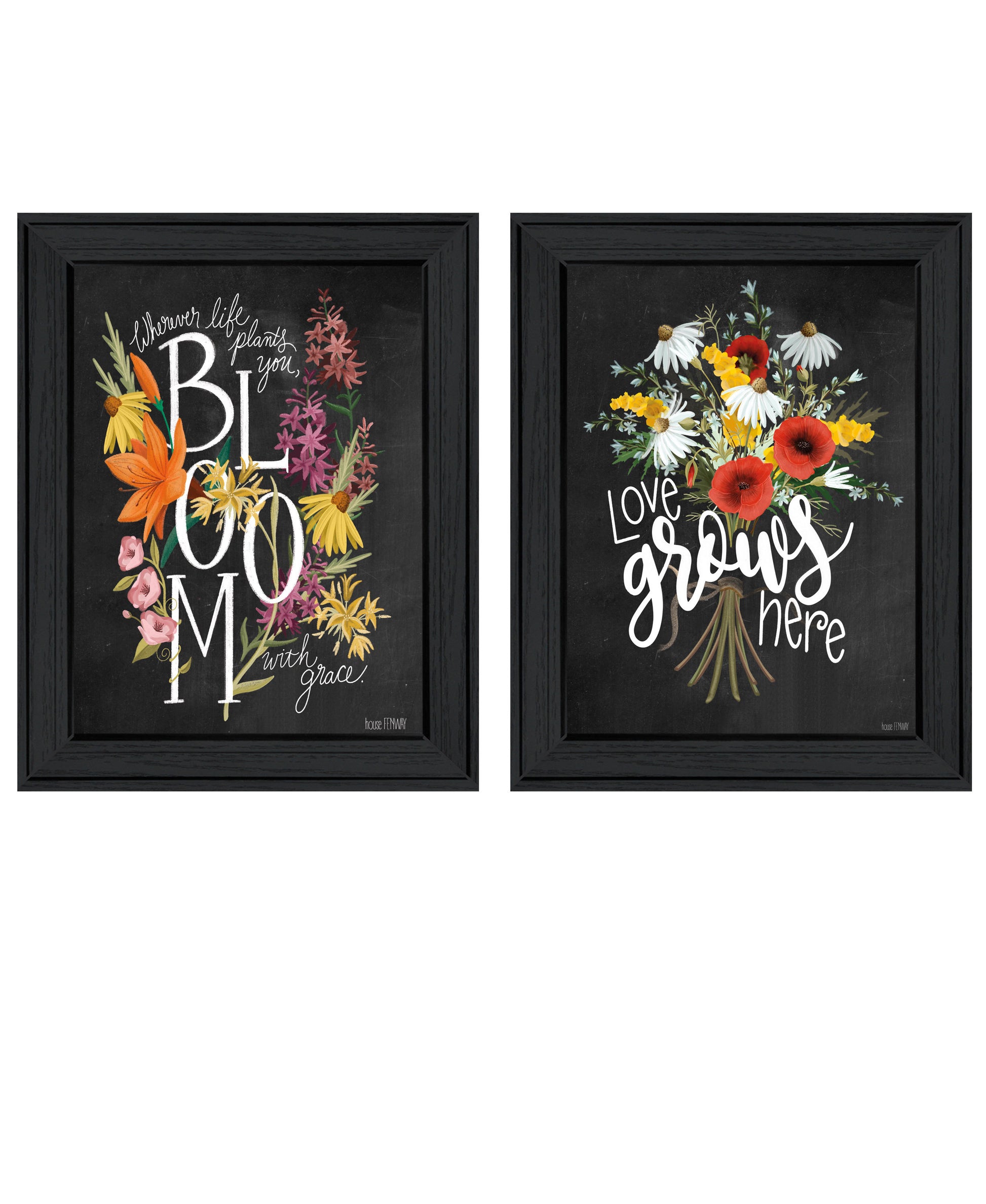 "Love Grows Here" 2 Piece Vignette By House Fenway, Ready To Hang Framed Print, Black Frame Multicolor Paper