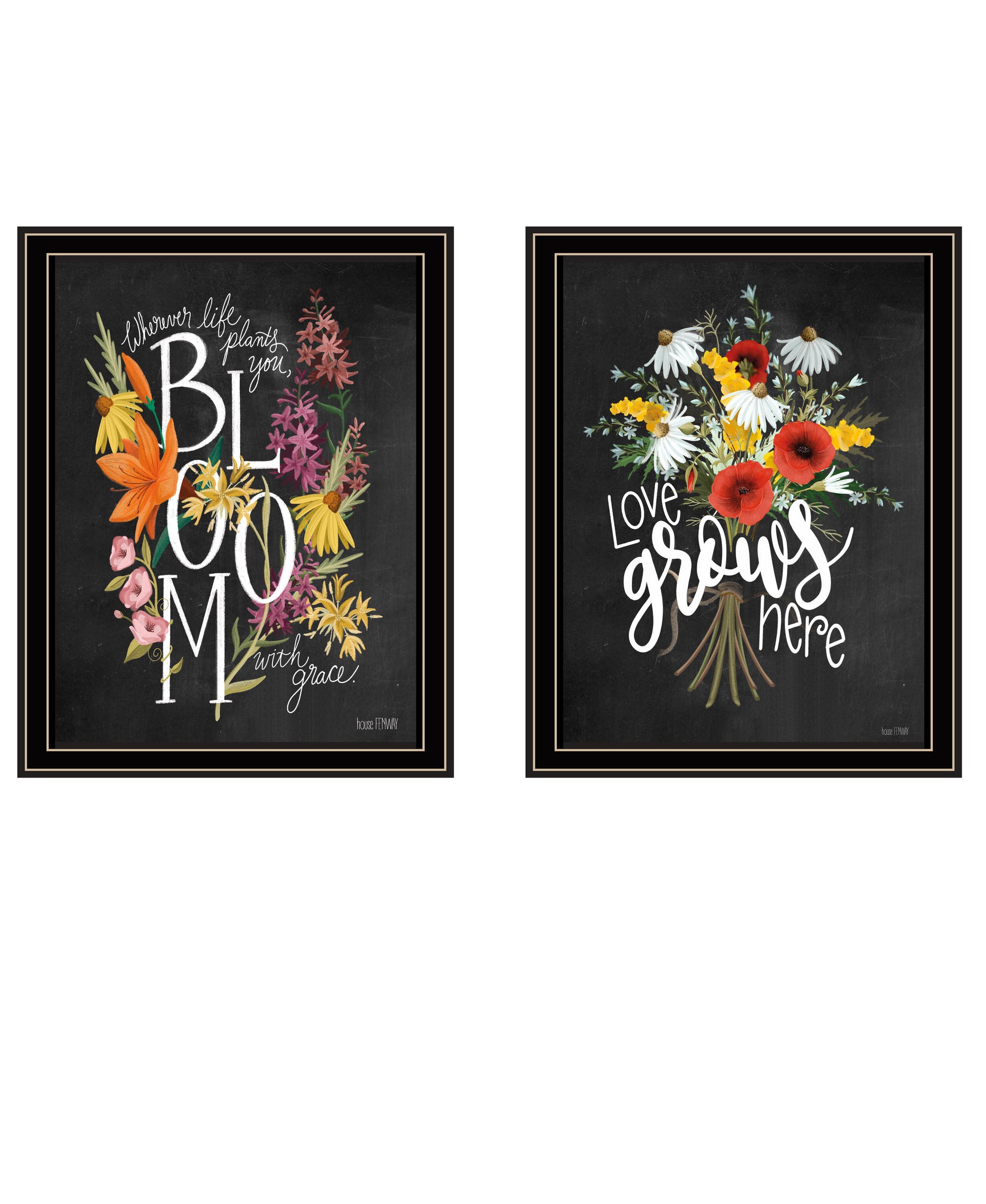 "Love Grows Here" 2 Piece Vignette By House Fenway, Ready To Hang Framed Print, Black Frame Multicolor Paper