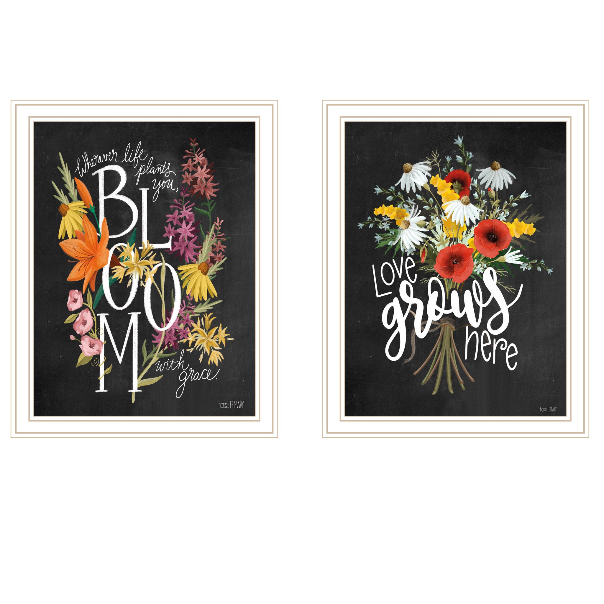 "Love Grows Here" 2 Piece Vignette By House Fenway, Ready To Hang Framed Print, White Frame Multicolor Paper