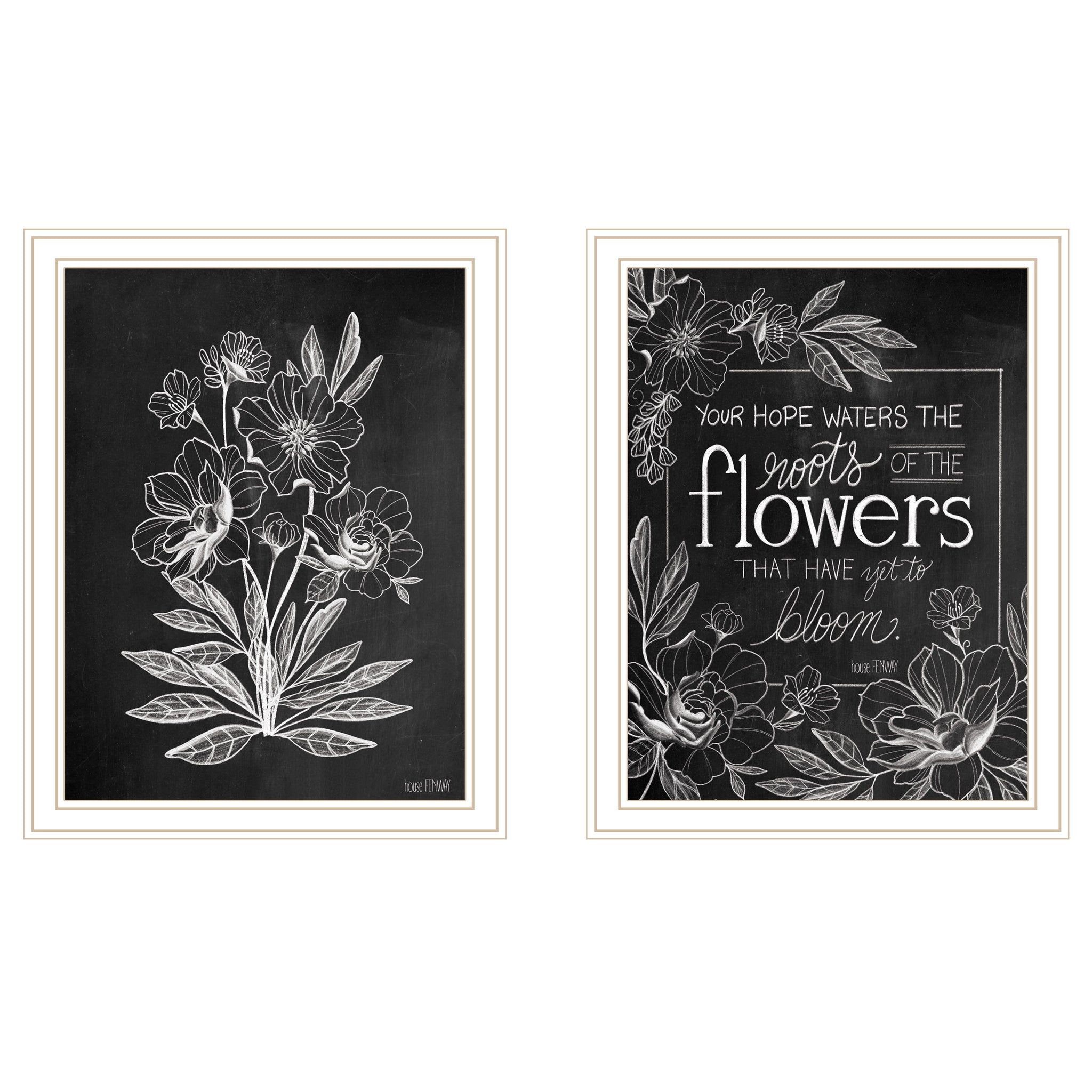 "Vintage Chalkboard Blooms" 2 Piece Vignette By House Fenway, Ready To Hang Framed Print, White Frame Multicolor Paper