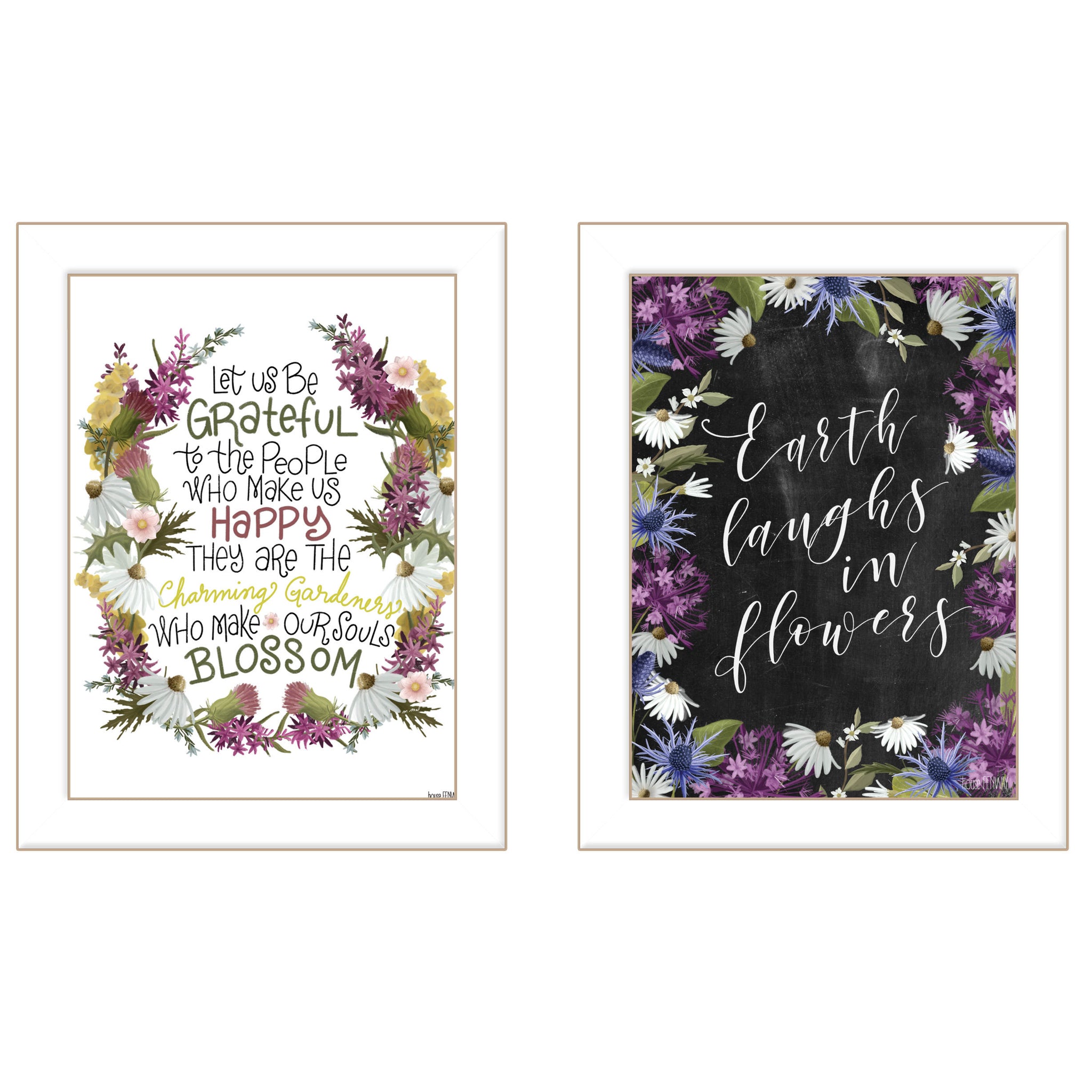 "Flowers Make Us Laugh" 2 Piece Vignette By House Fenway, Ready To Hang Framed Print, White Frame Multicolor Paper