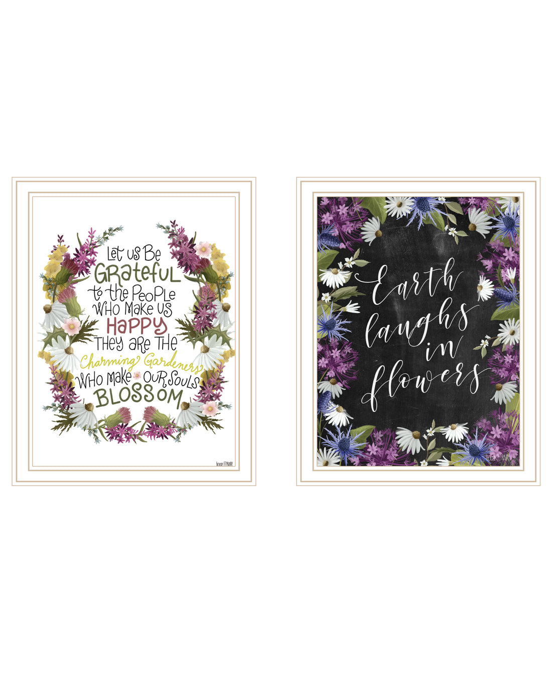 "Flowers Make Us Laugh" 2 Piece Vignette By House Fenway, Ready To Hang Framed Print, White Frame Multicolor Paper