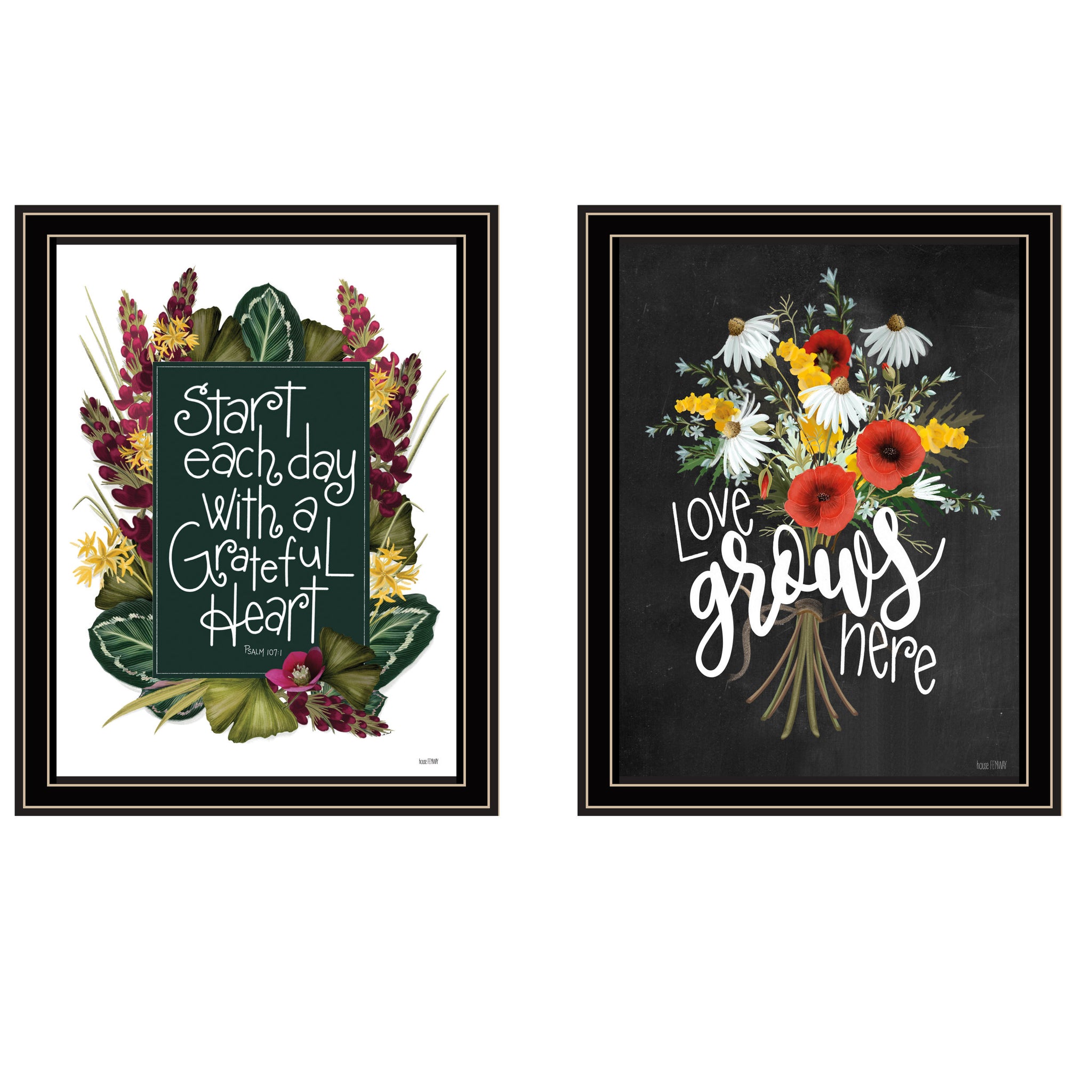 "With Grateful Hearts" 2 Piece Vignette By House Fenway, Ready To Hang Framed Print, Black Frame Multicolor Paper