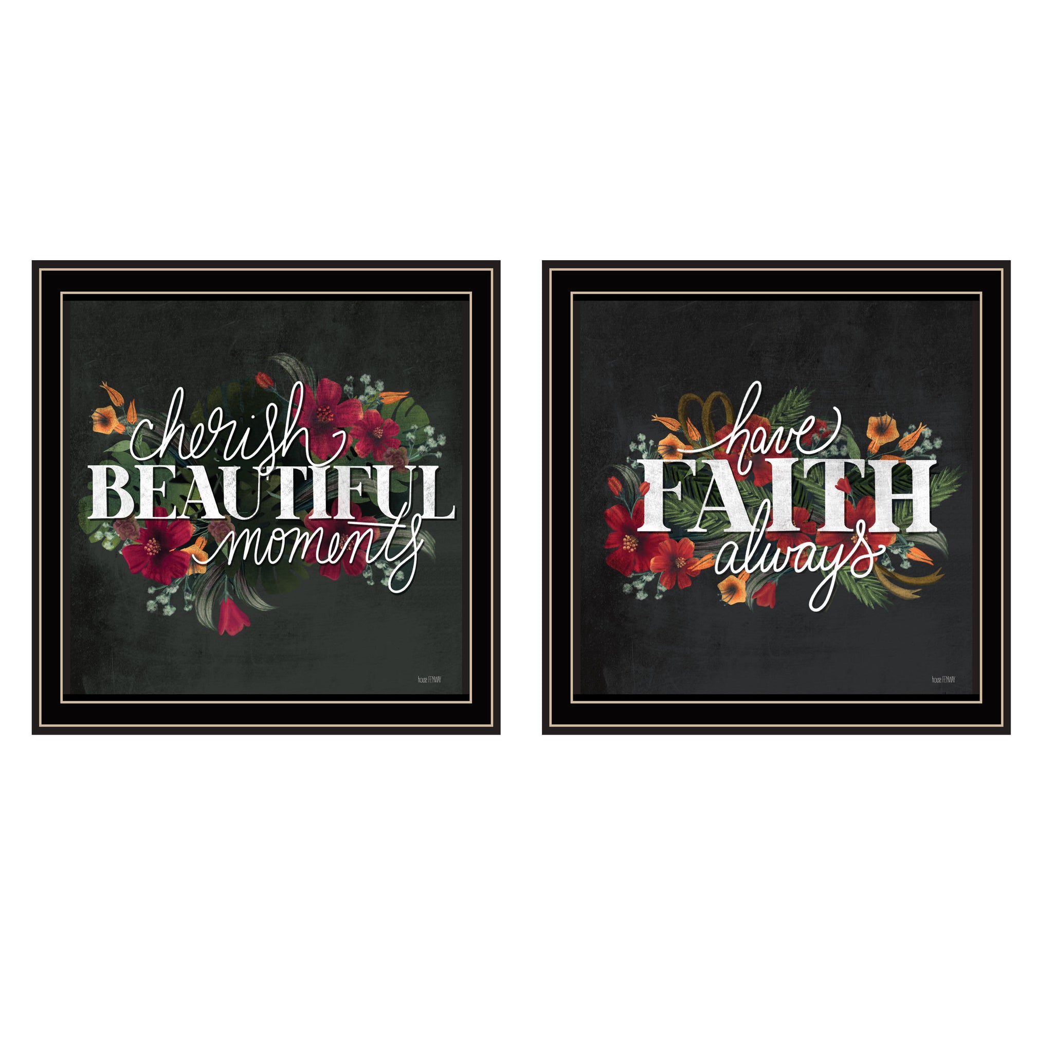 "Cherish And Have Faith" 2 Piece Vignette By House Fenway, Ready To Hang Framed Print, Black Frame Multicolor Paper