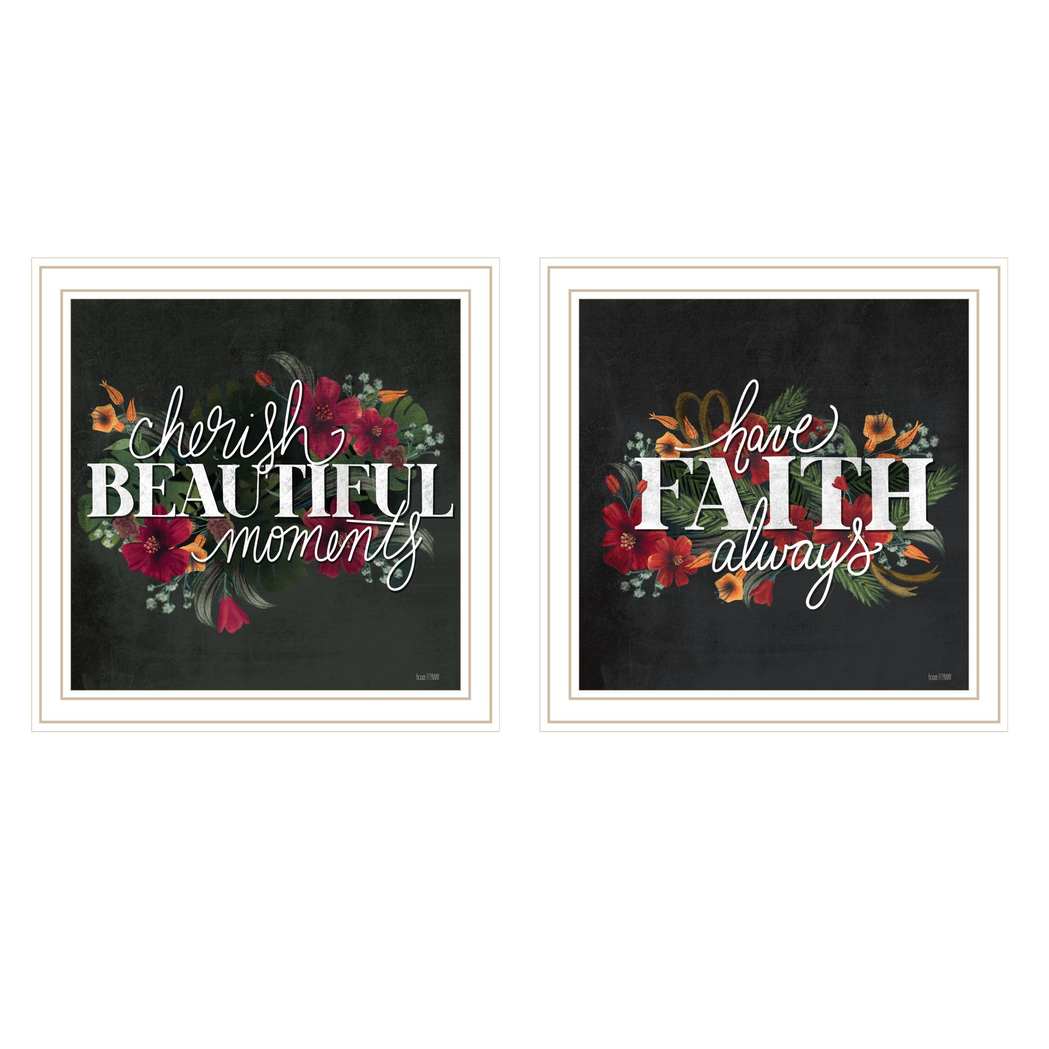 "Cherish And Have Faith" 2 Piece Vignette By House Fenway, Ready To Hang Framed Print, White Frame Multicolor Paper