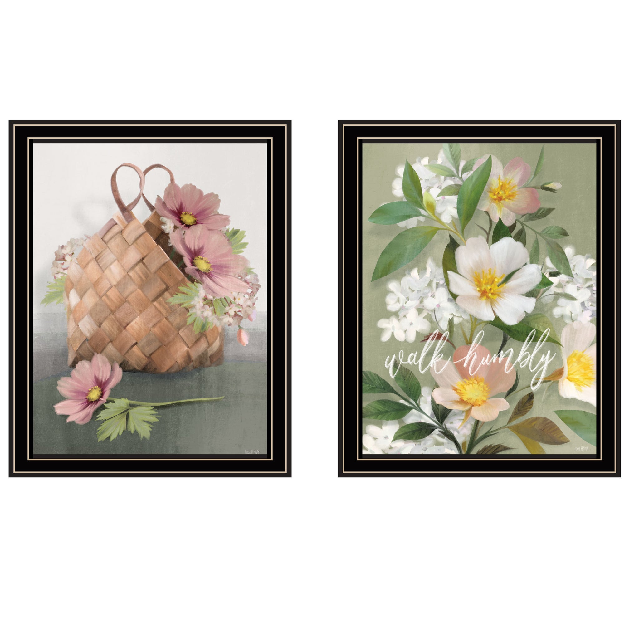 "Farmhouse Daisies" 2 Piece Vignette By House Fenway, Ready To Hang Framed Print, Black Frame Multicolor Paper