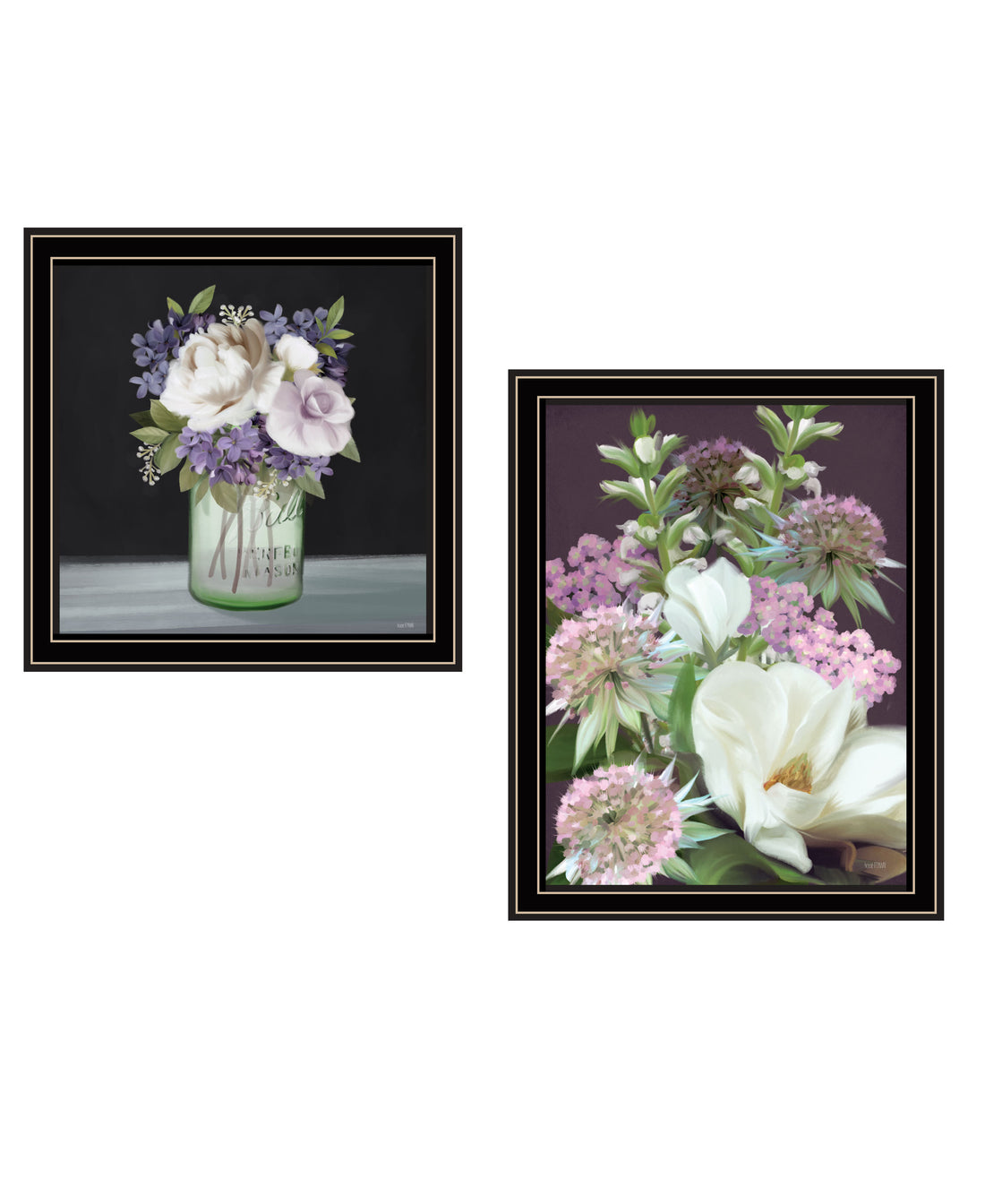 "Lilac & Wild Plum Bouquet" 2 Piece Vignette By House Fenway, Ready To Hang Framed Print, Black Frame Multicolor Paper