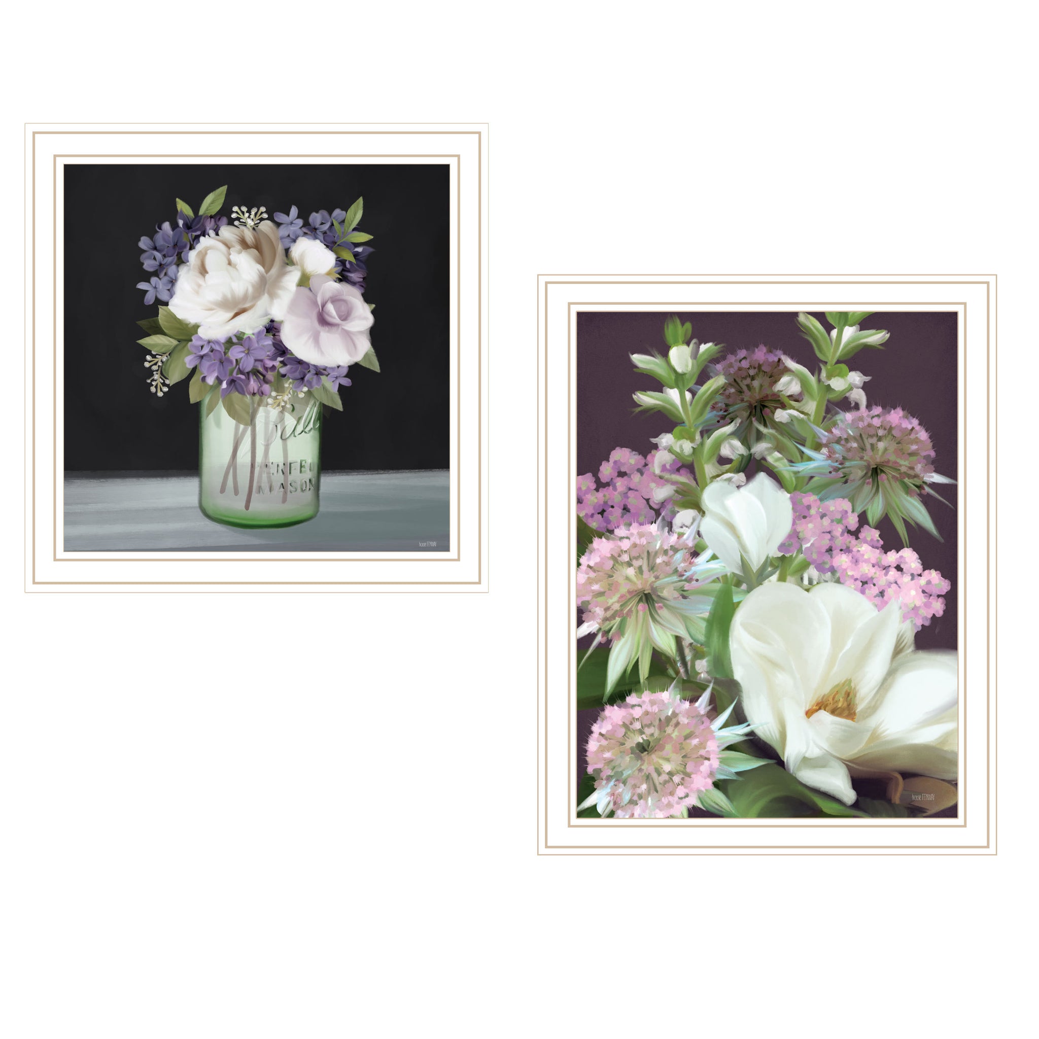 "Lilac & Wild Plum Bouquet" 2 Piece Vignette By House Fenway, Ready To Hang Framed Print, White Frame Multicolor Paper