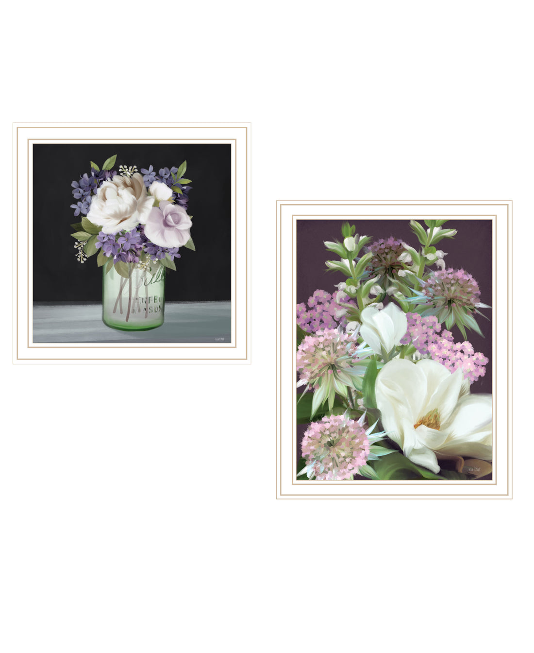 "Lilac & Wild Plum Bouquet" 2 Piece Vignette By House Fenway, Ready To Hang Framed Print, White Frame Multicolor Paper