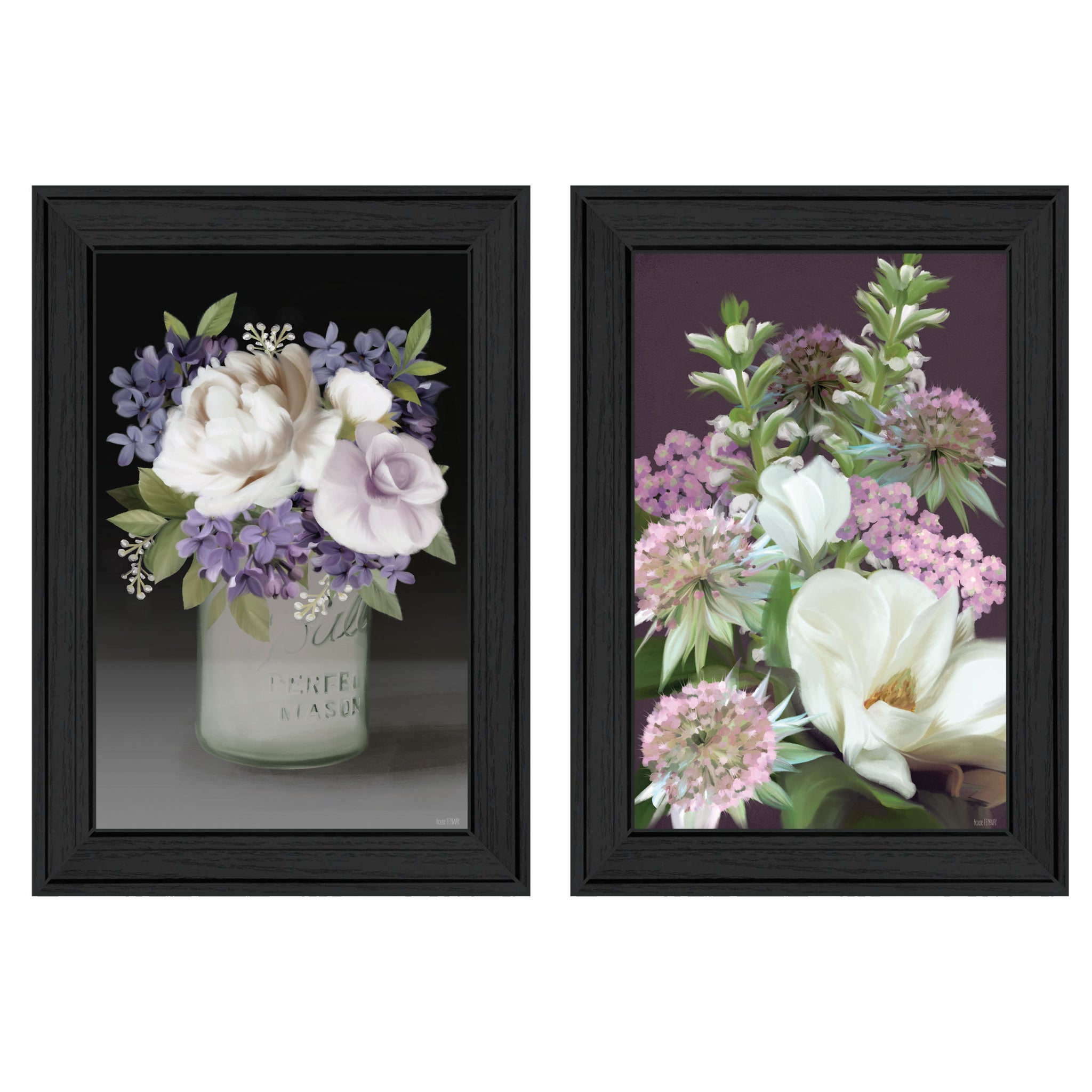 "Lilac & Wild Plum Bouquet Ii" 2 Piece Vignette By House Fenway, Ready To Hang Framed Print, Black Frame Multicolor Paper