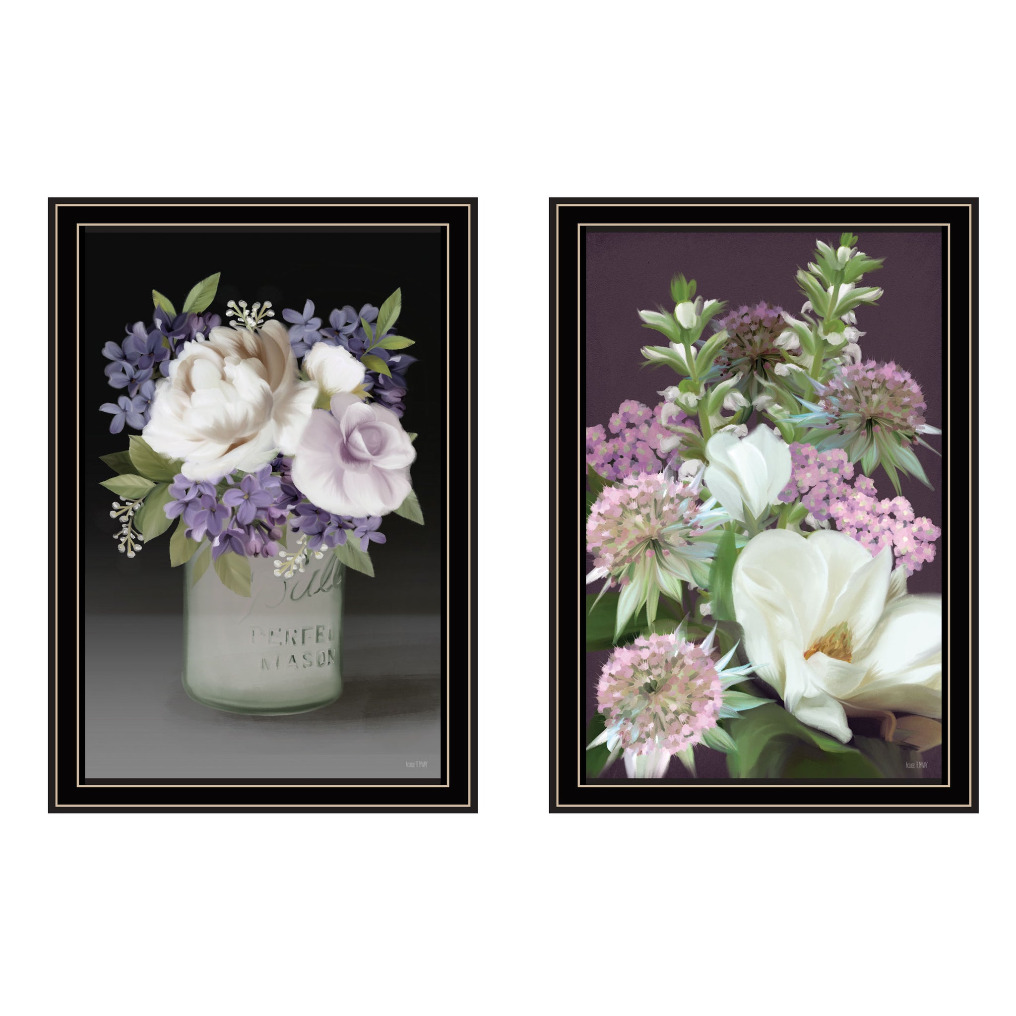 "Lilac & Wild Plum Bouquet Ii" 2 Piece Vignette By House Fenway, Ready To Hang Framed Print, Black Frame Multicolor Paper