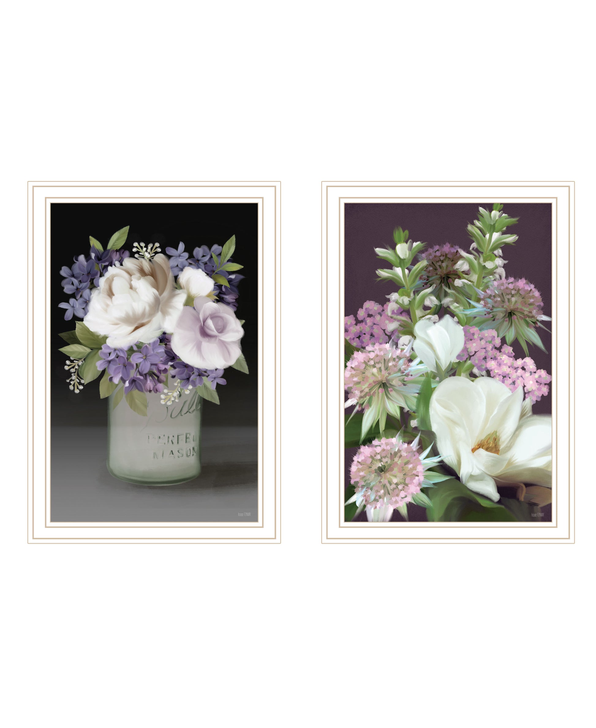 "Lilac & Wild Plum Bouquet" 2 Piece Vignette By House Fenway, Ready To Hang Framed Print, White Frame Multicolor Paper