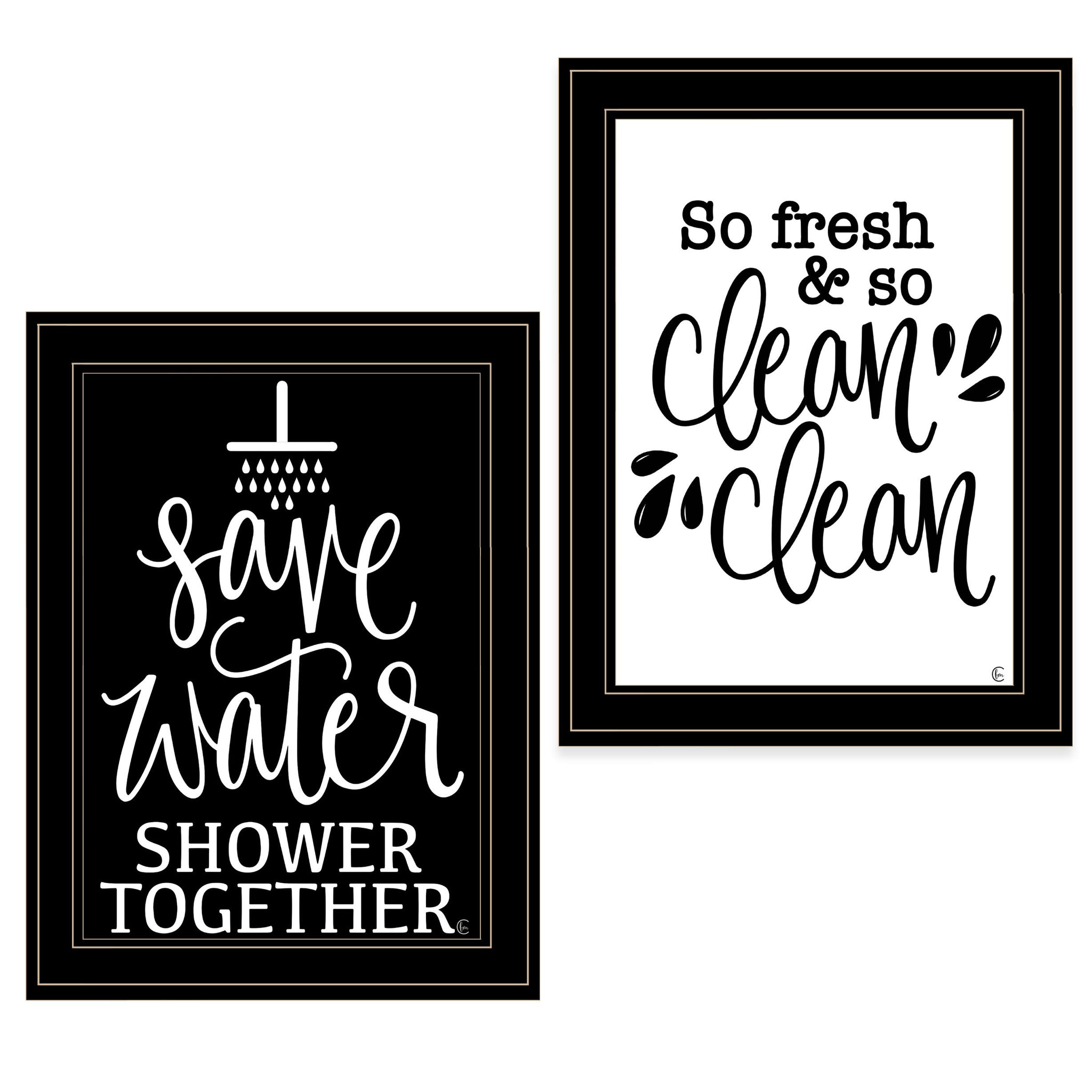 "Clean Shower Together" 2 Piece Vignette By Fearfully Made Creations, Ready To Hang Framed Print, Black Frame Multicolor Paper