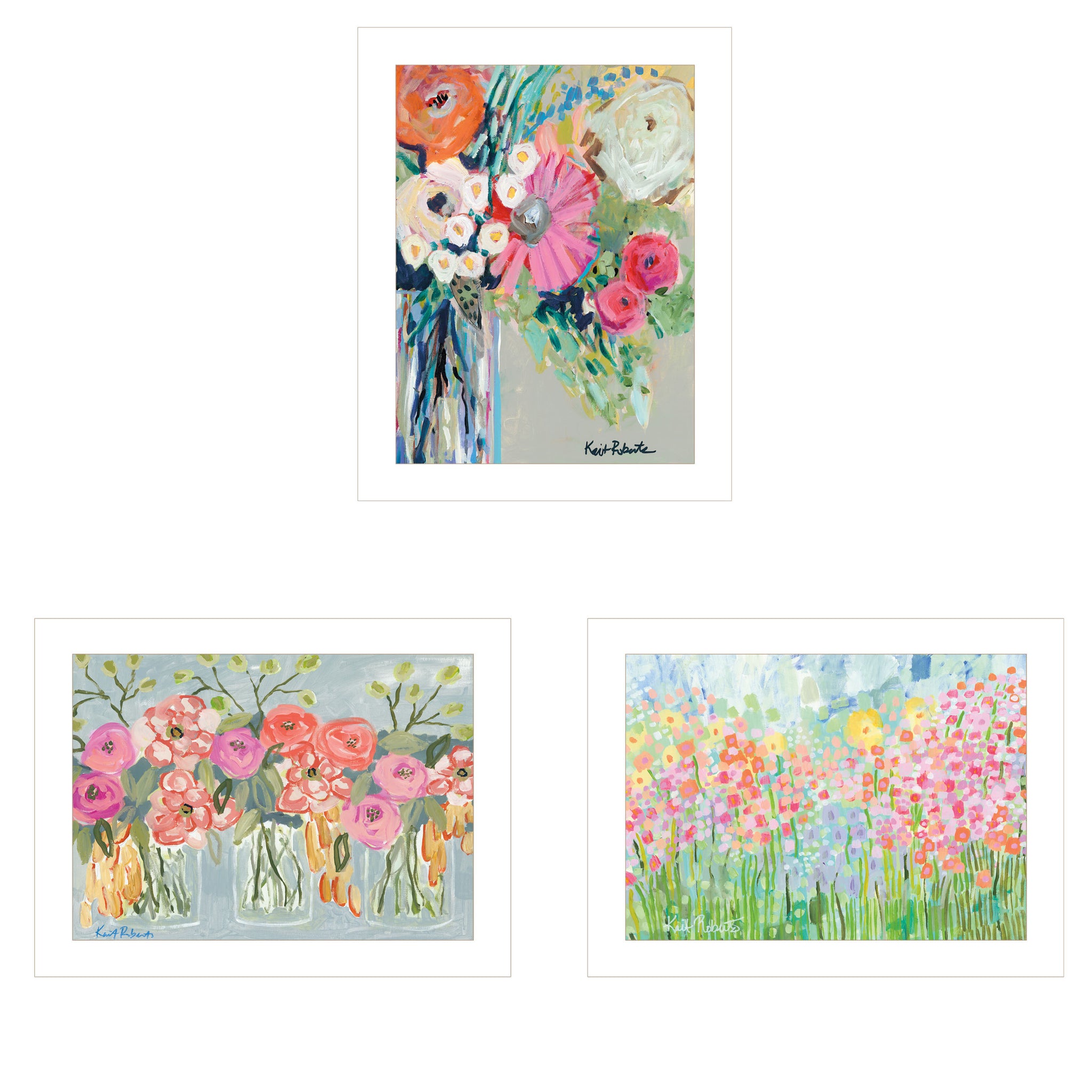 "Garden Flowers Iii" 3 Piece Vignette By Kait Roberts, Ready To Hang Framed Print, White Frame Multicolor Paper